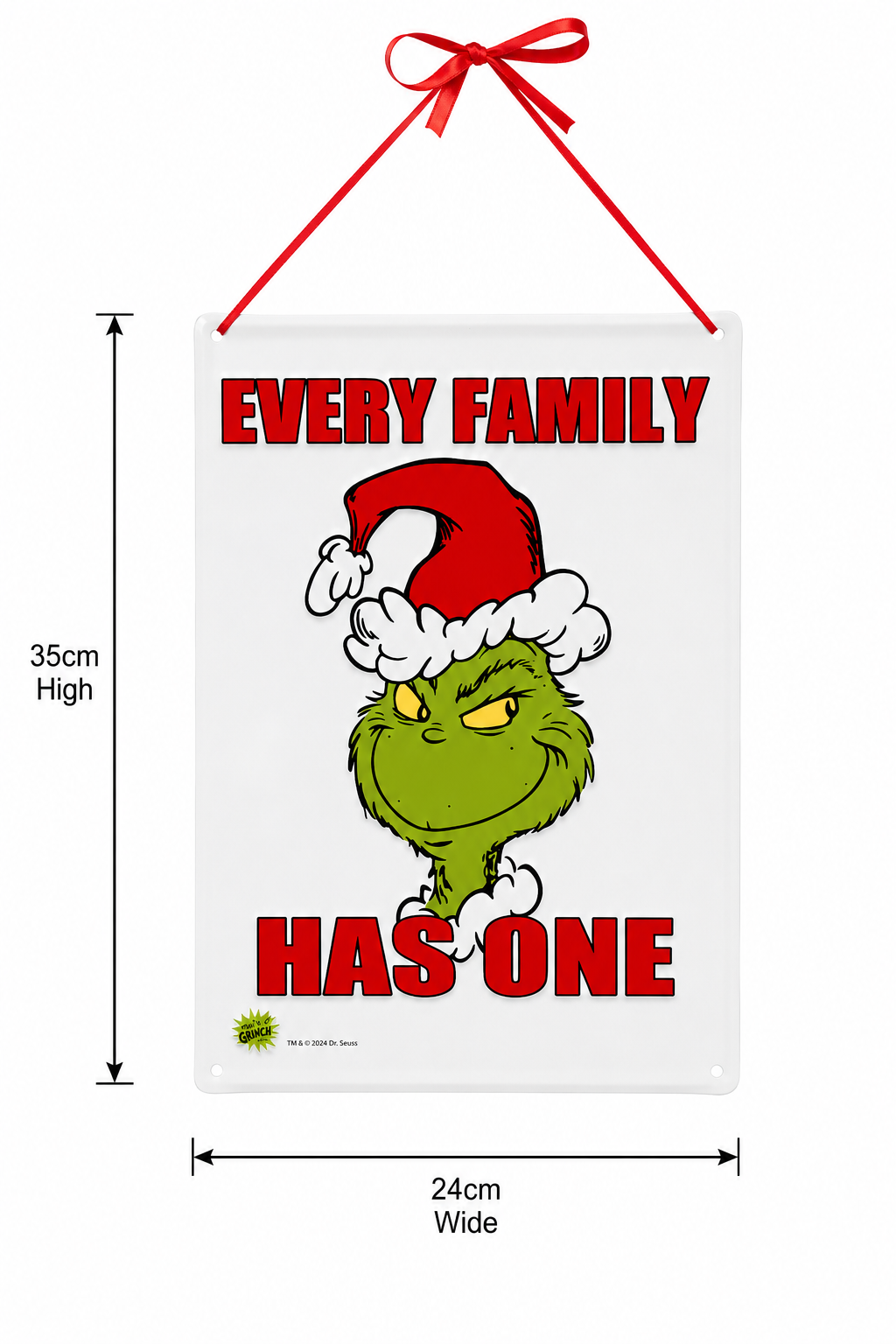 Grinch "Every Family Has One" metal sign on a plain background showing 35cm height and 24cm width measurements