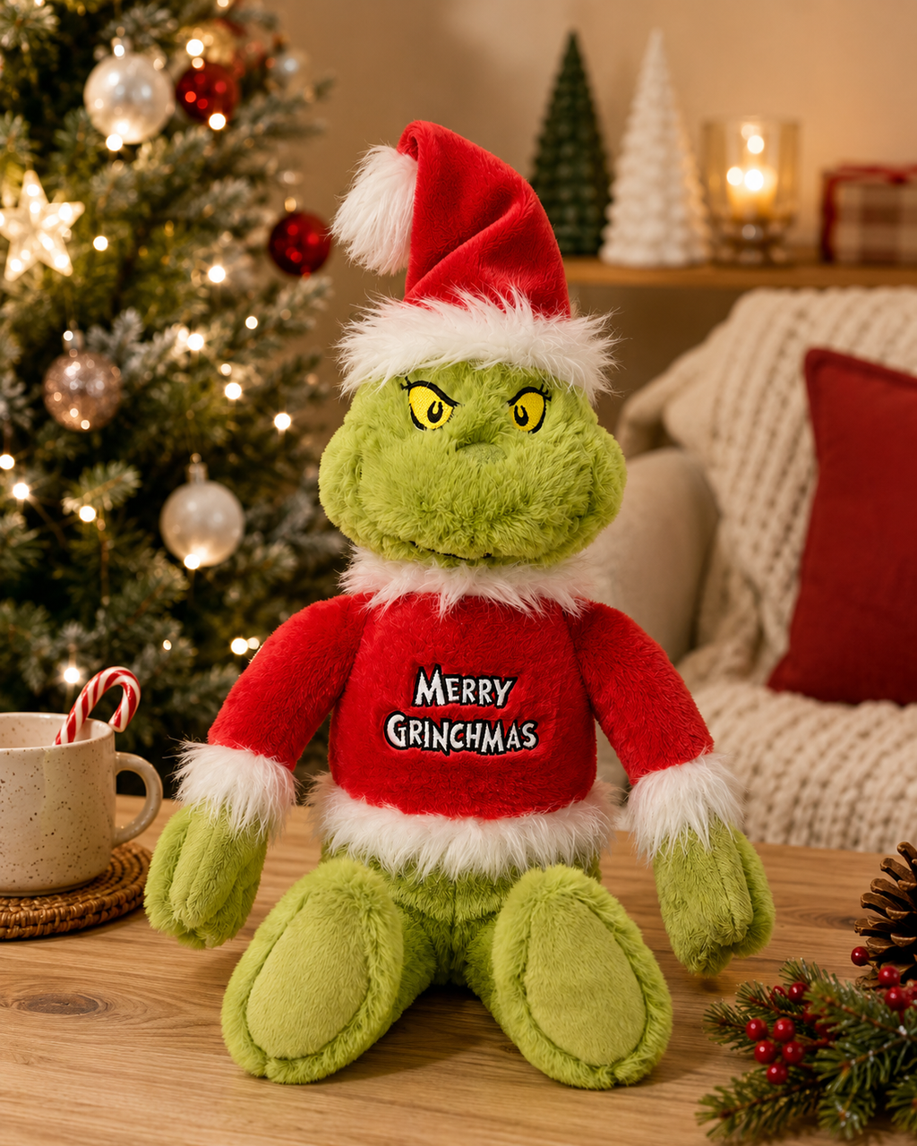 Grinch "Merry Grinchmas" plush toy sitting on a table beside a Christmas tree, mini trees, candle and hot chocolate mug