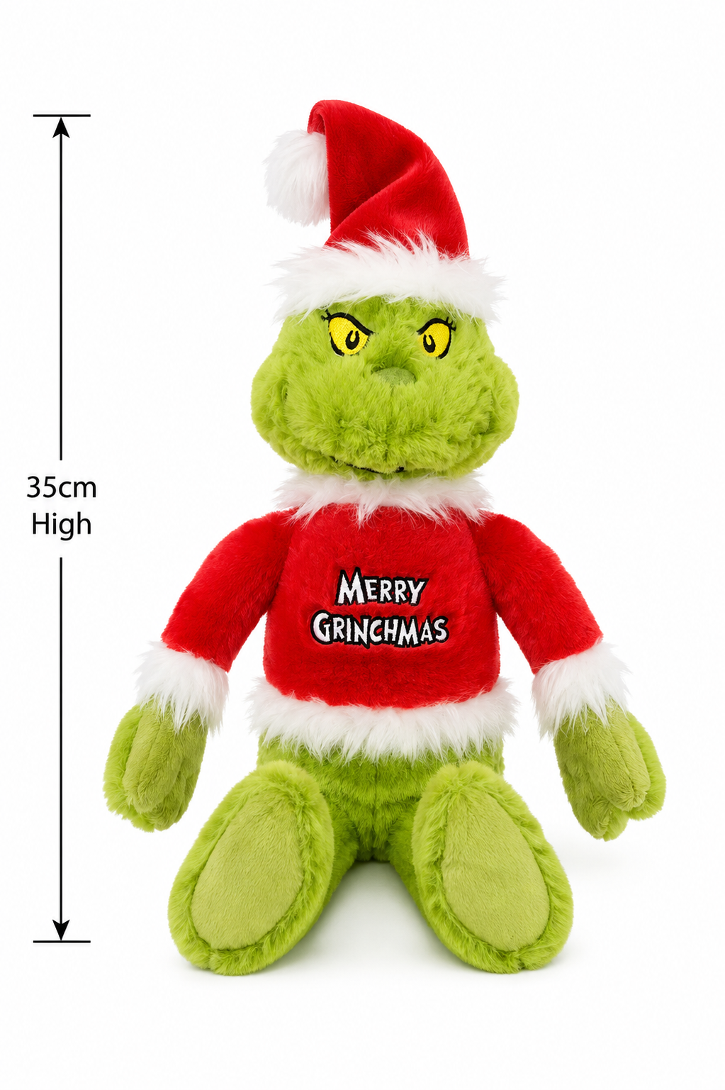 Grinch "Merry Grinchmas" plush toy on a plain background showing 35cm height measurement and full costume detail