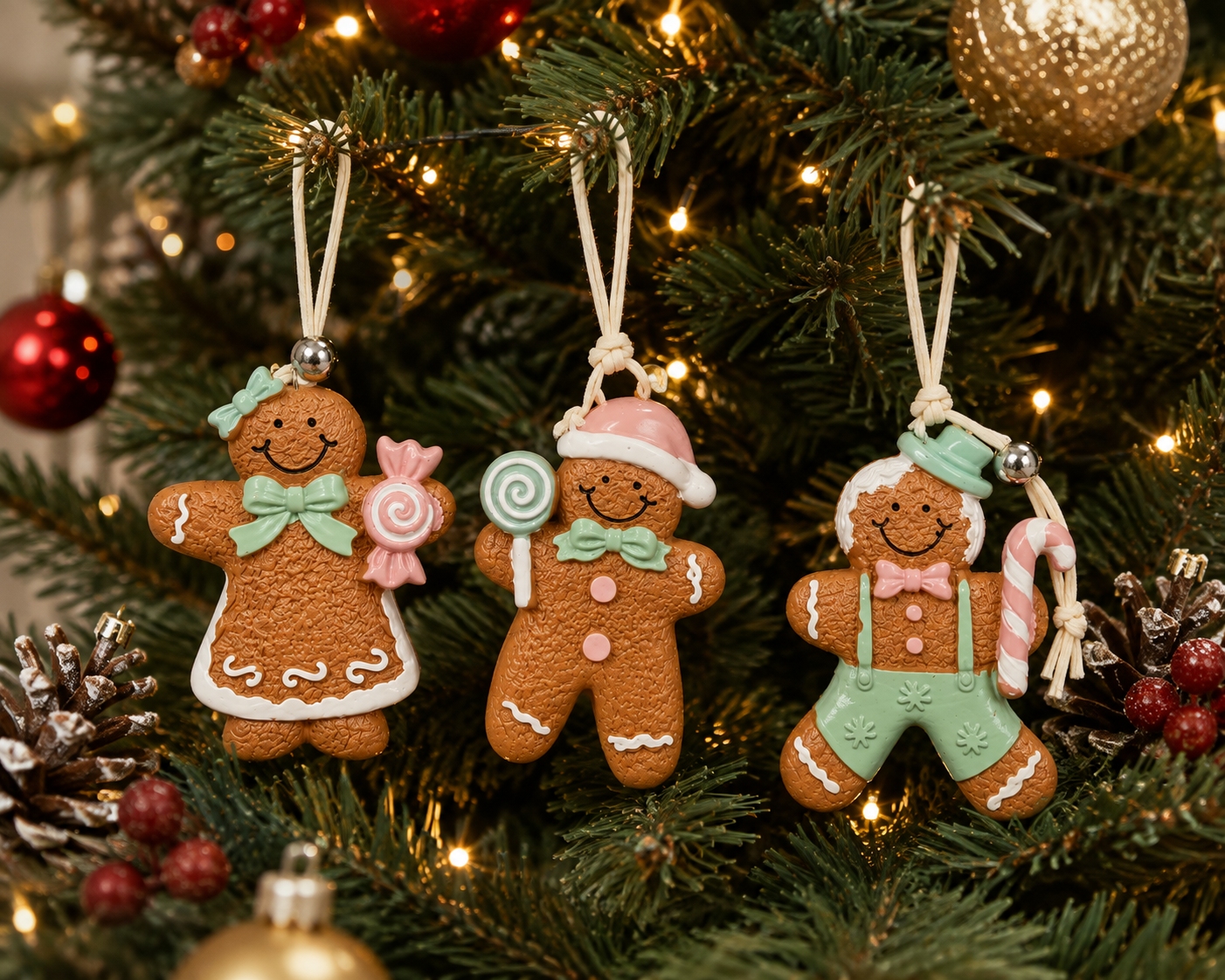 Pastel gingerbread family Christmas ornaments hanging on a tree beside red and gold baubles, pinecones and berry sprigs