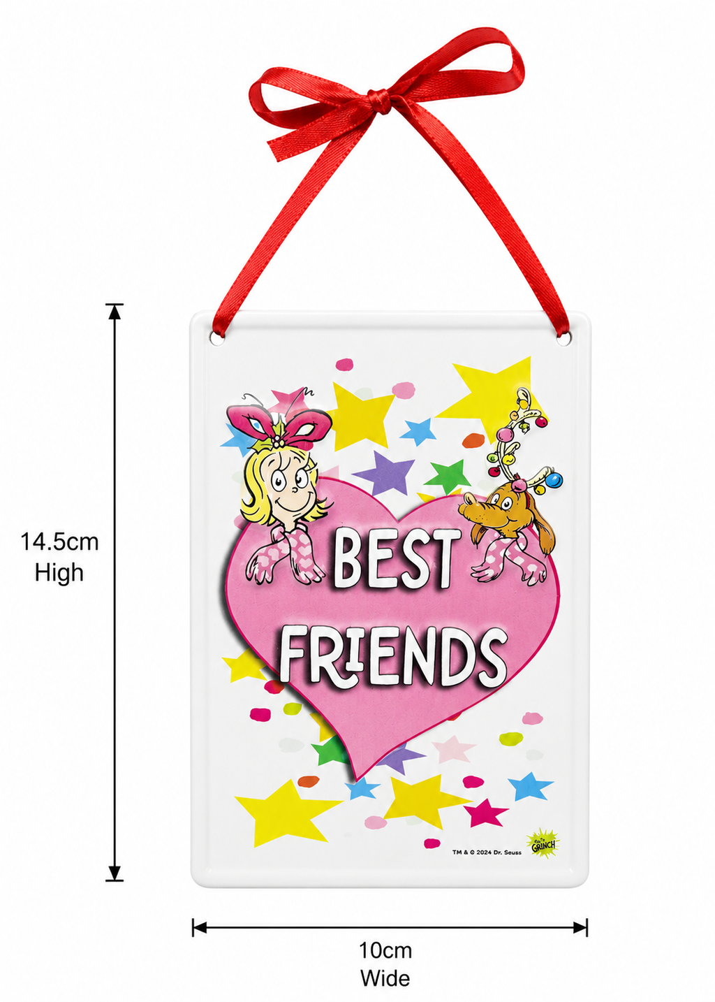 Cindy Lou and Max "Best Friends" tin hanging sign on a plain background showing 14.5cm height and 10cm width measurements