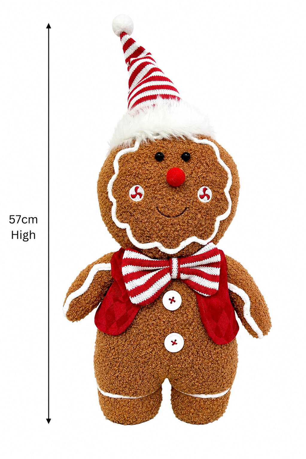 Standing gingerbread man plush decoration on a plain background showing 57cm height measurement and full costume detail