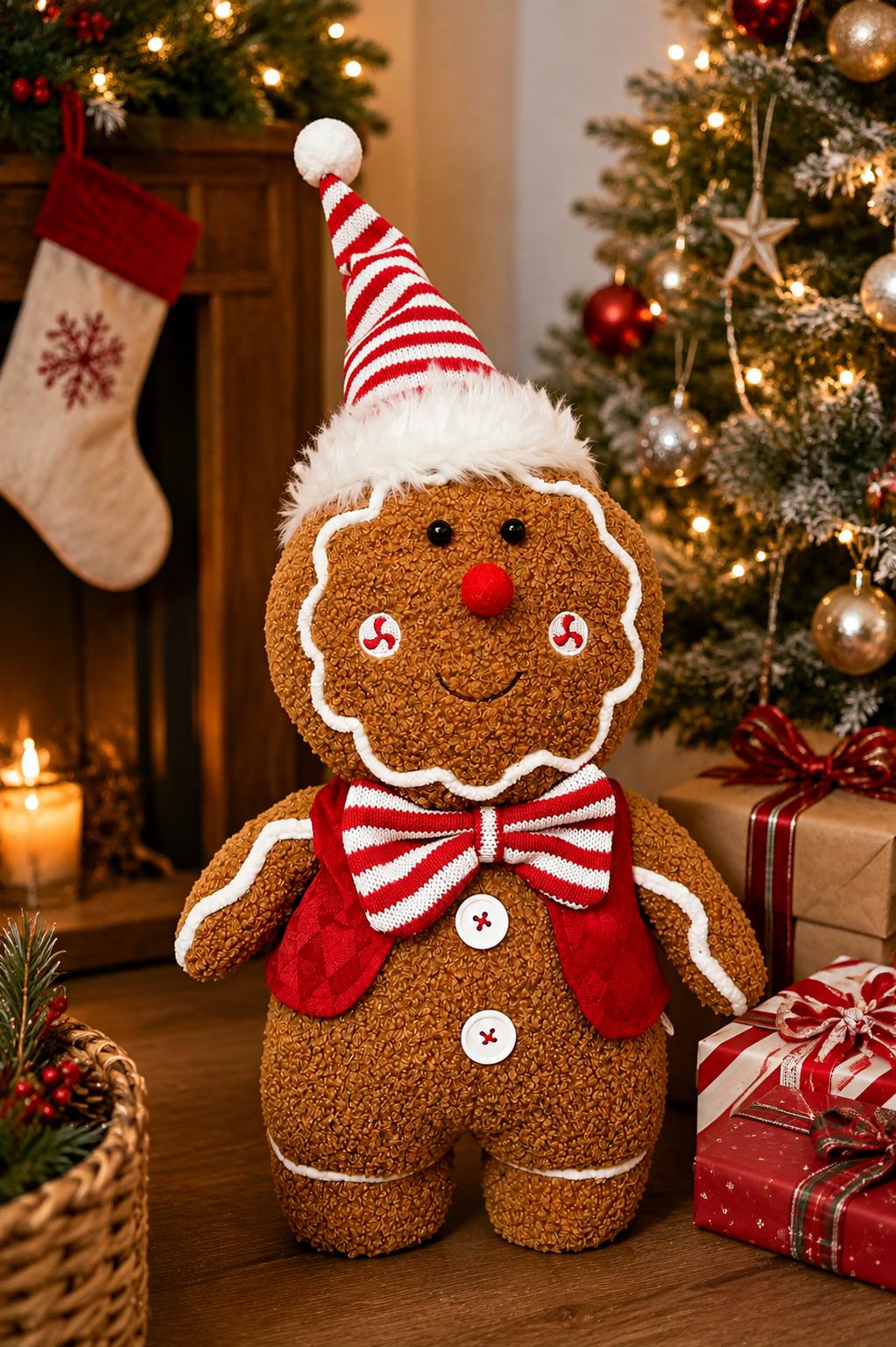 Standing gingerbread man plush decoration beside a fireplace with a stocking, candle, Christmas tree and wrapped gifts