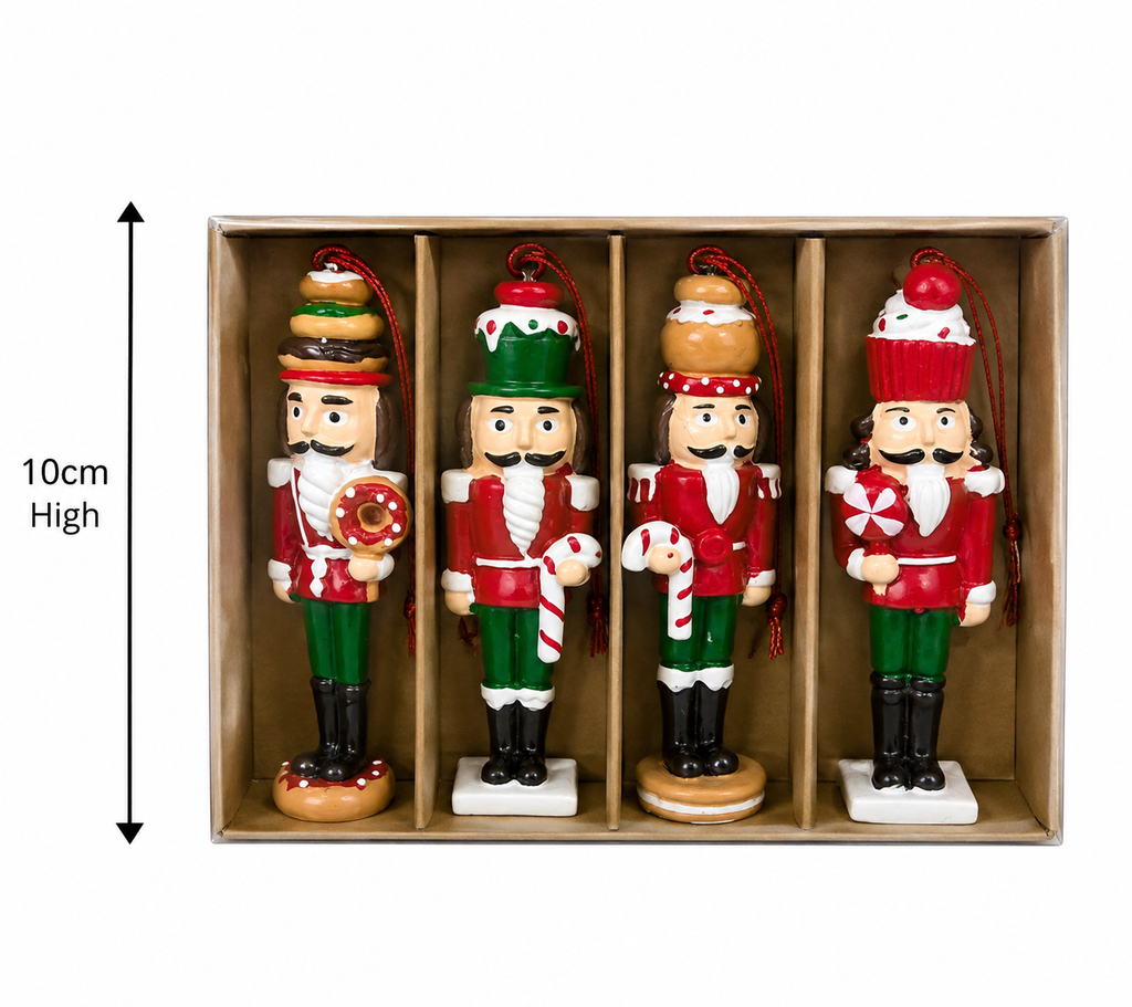 Set of 4 sweet treat nutcracker Christmas ornaments on a plain background showing 10cm height measurement and full dessert hat detail
