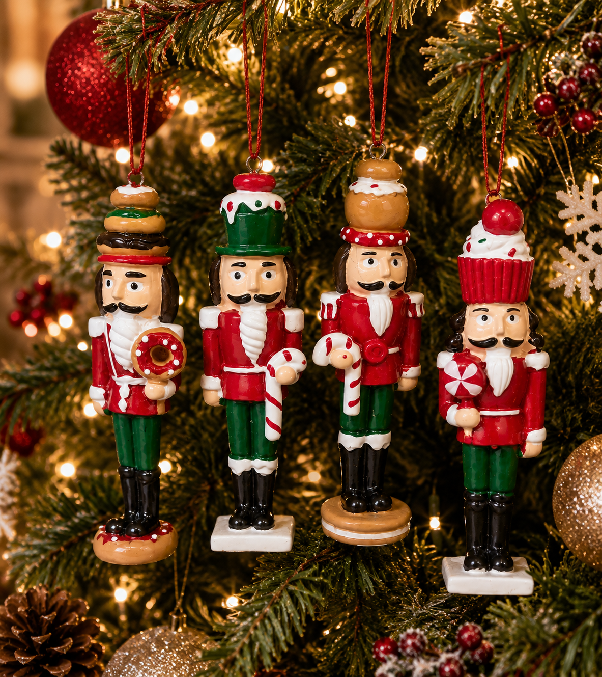 Sweet treat nutcracker Christmas ornaments hanging on a tree among red baubles, snowflakes and berry sprigs