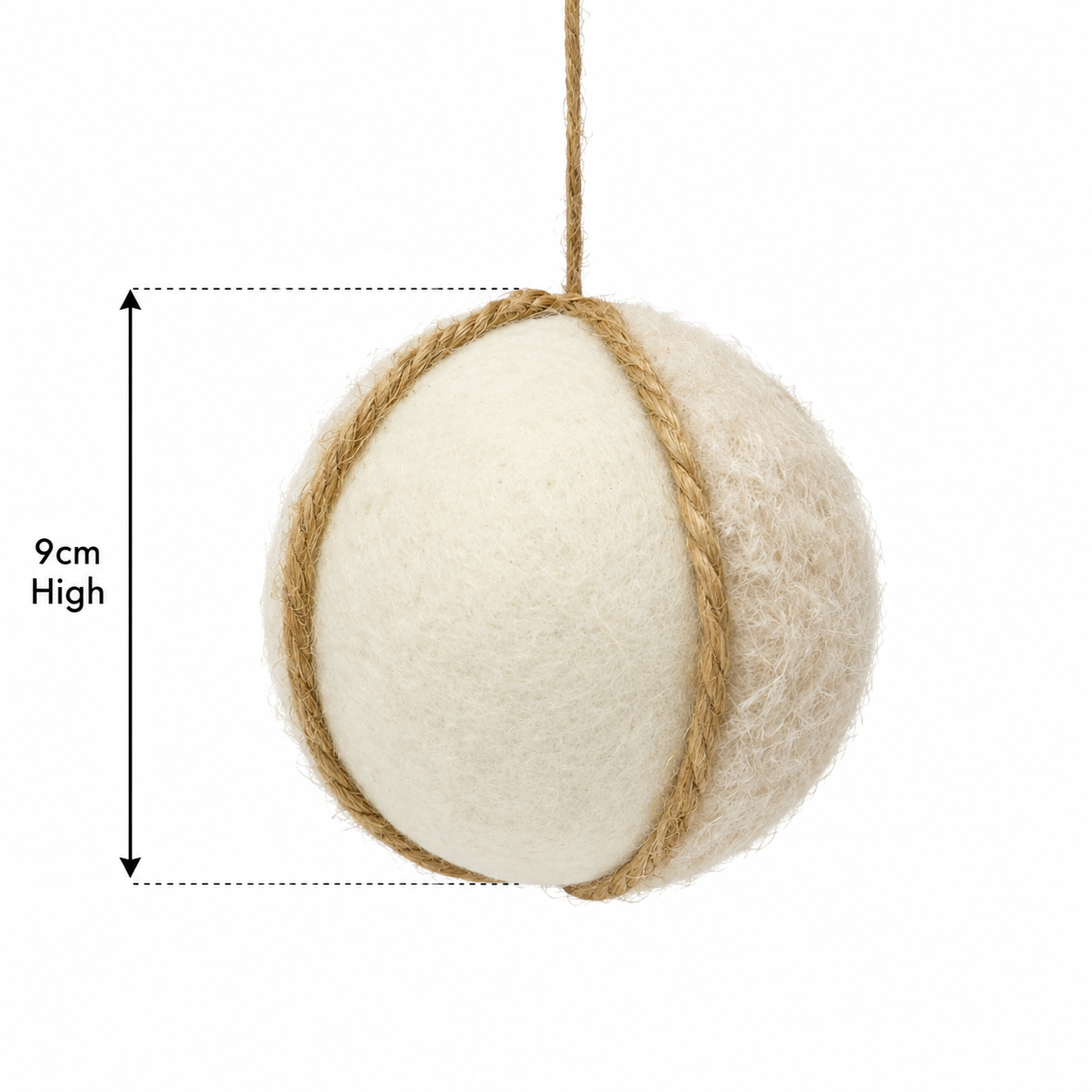 White felted wool ball ornament with jute cord wrap on a white background, showing hanging loop and 9cm height measurement