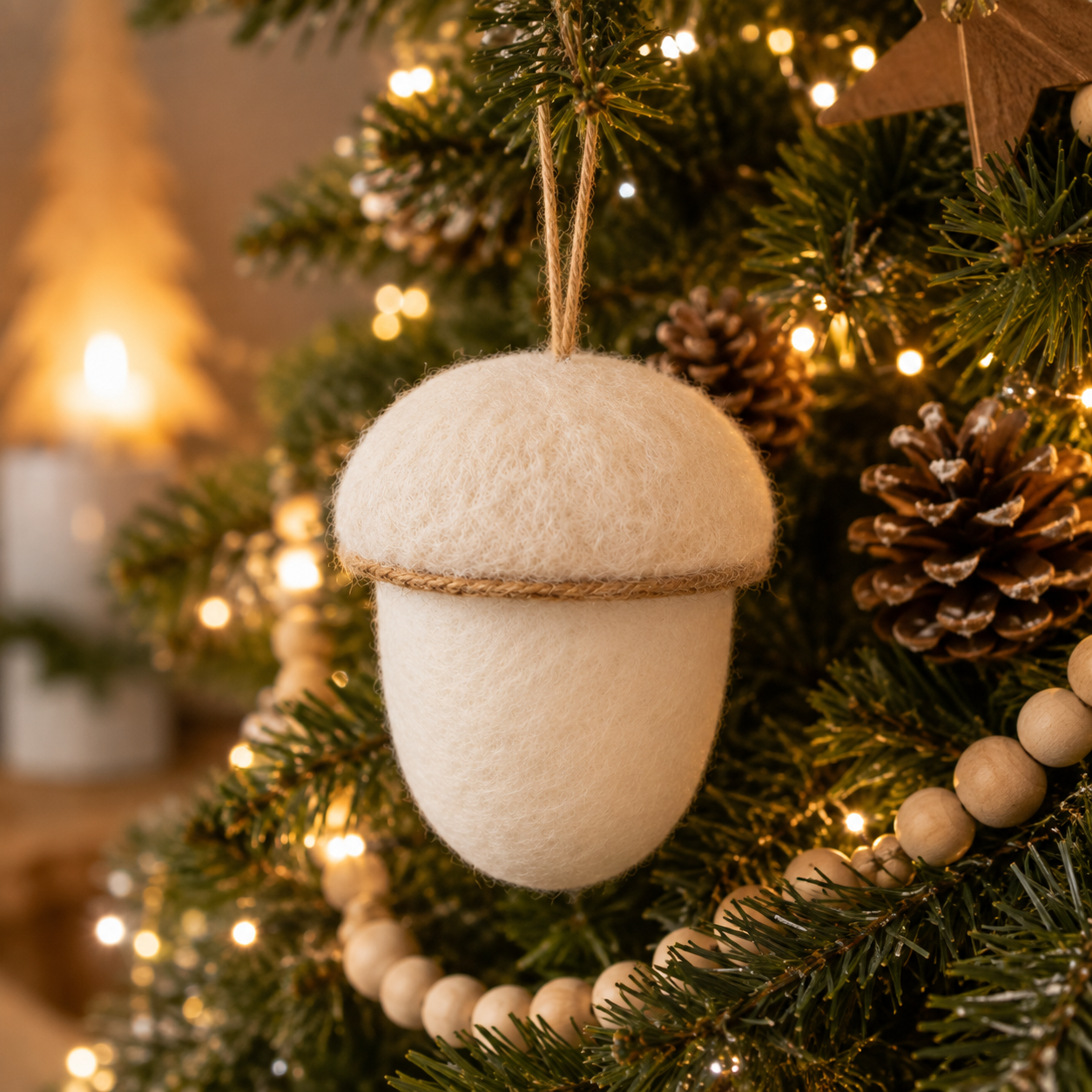 Felted wool acorn ornament hanging on a Christmas tree, styled with pinecones, wood bead garland, and warm fairy lights