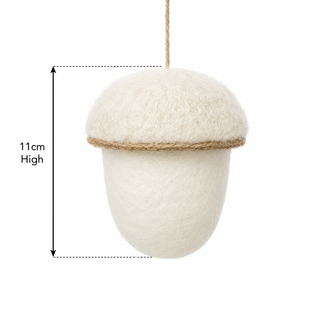 Felted wool acorn ornament with jute cord trim on a white background, showing hanging loop and 11cm height measurement