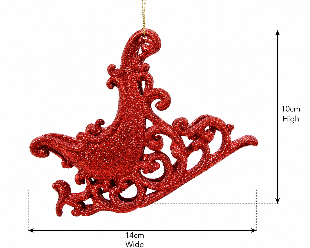 Red glitter filigree sleigh ornament on a white background, showing gold hanging cord and dimensions of 10cm high by 14cm wide