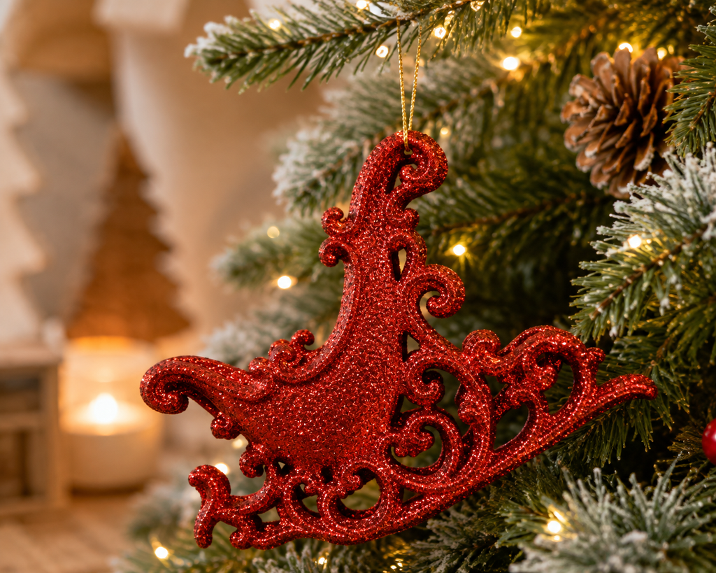 Red glitter filigree sleigh ornament hanging on a Christmas tree, styled with a snowy pinecone and warm fairy lights