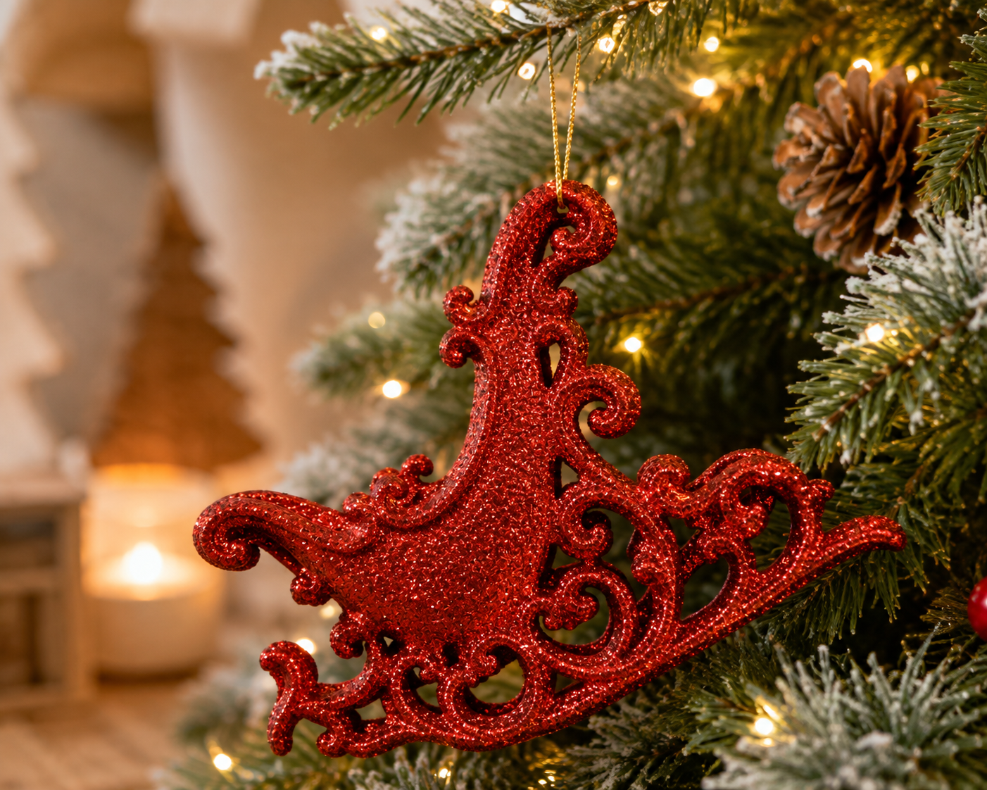 Red glitter filigree sleigh ornament hanging on a Christmas tree, styled with a snowy pinecone and warm fairy lights