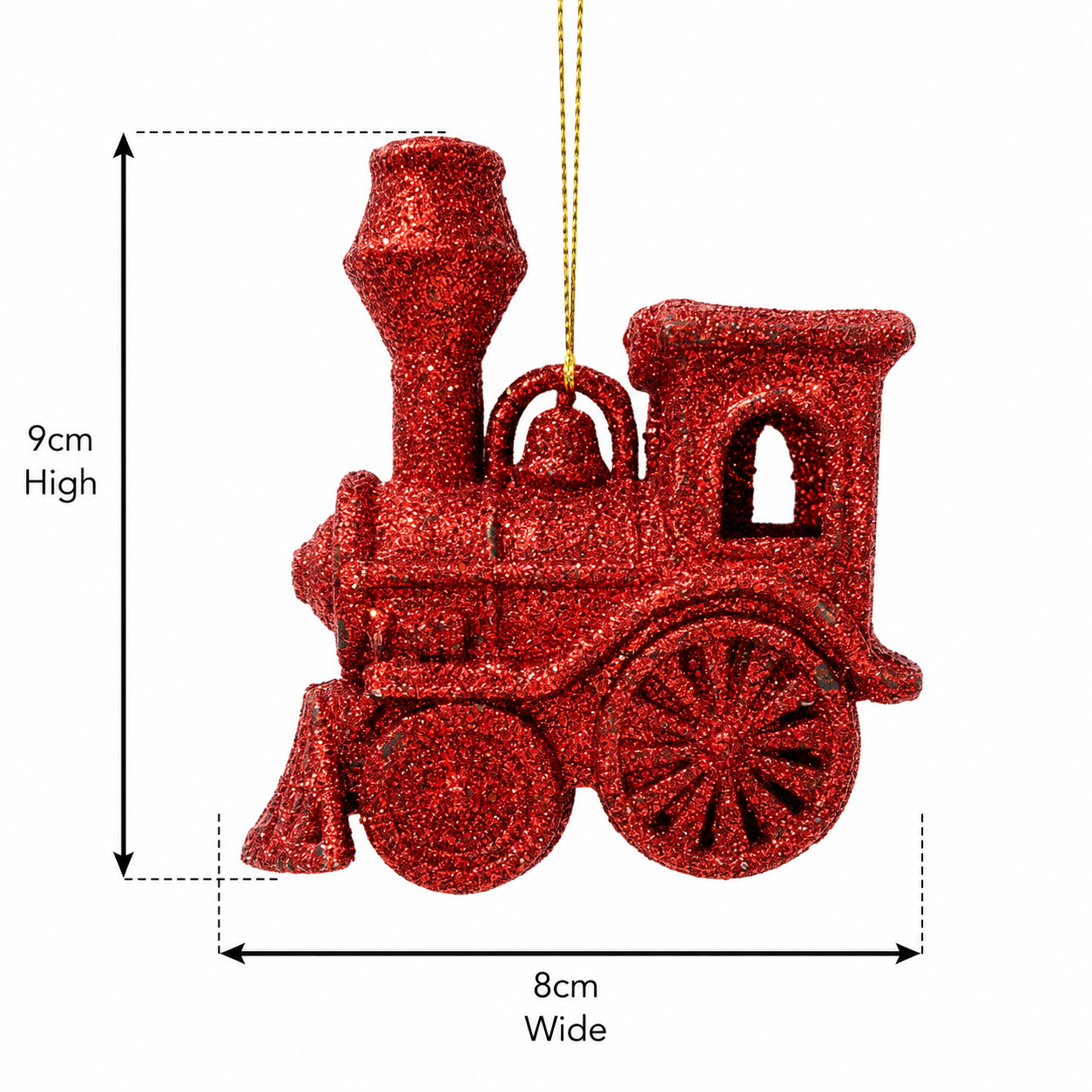 Red glitter locomotive train ornament on a white background, showing gold hanging cord and dimensions of 9cm high by 8cm wide