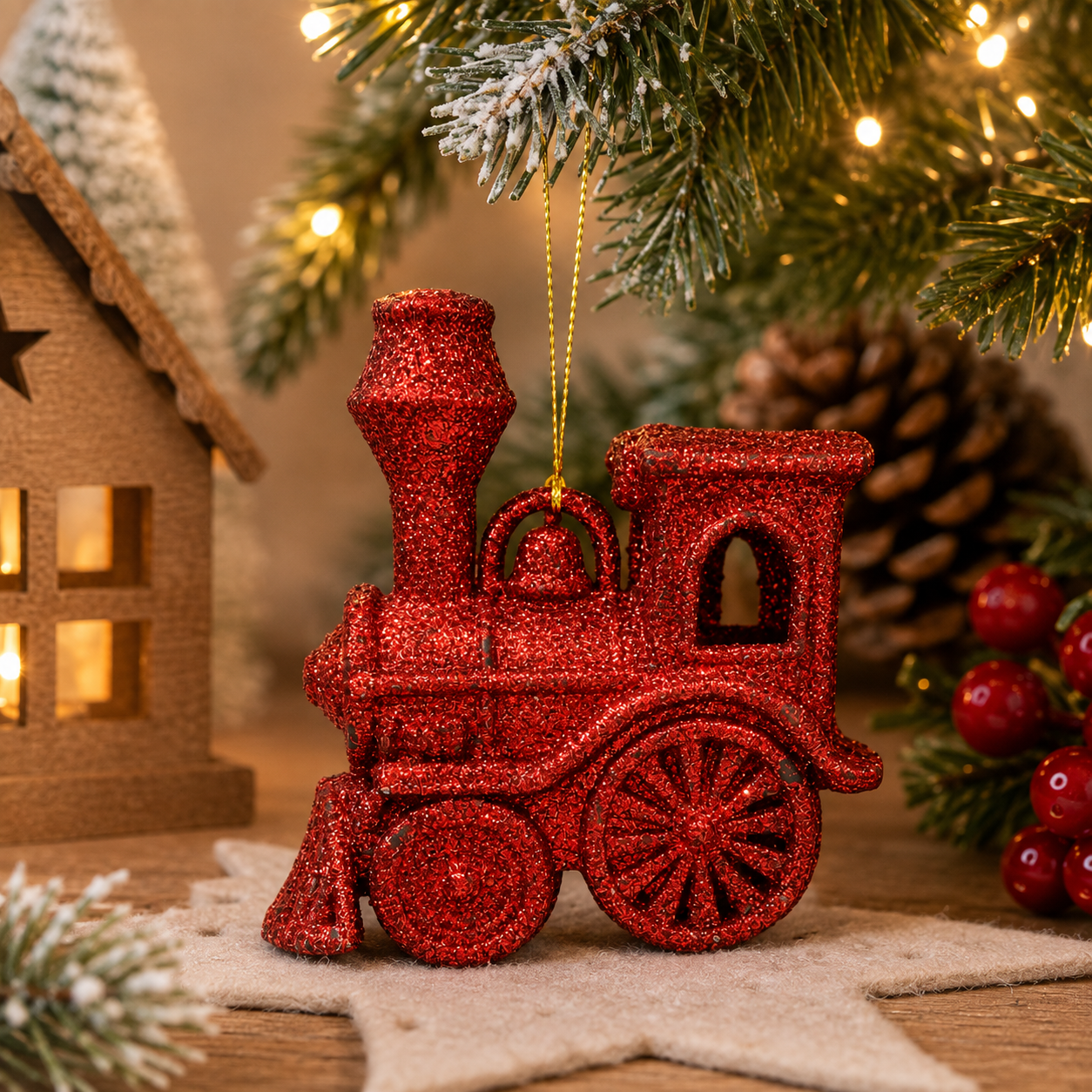 Red glitter locomotive train ornament sitting on a felt star beneath a Christmas tree, styled with a wooden house and red berries