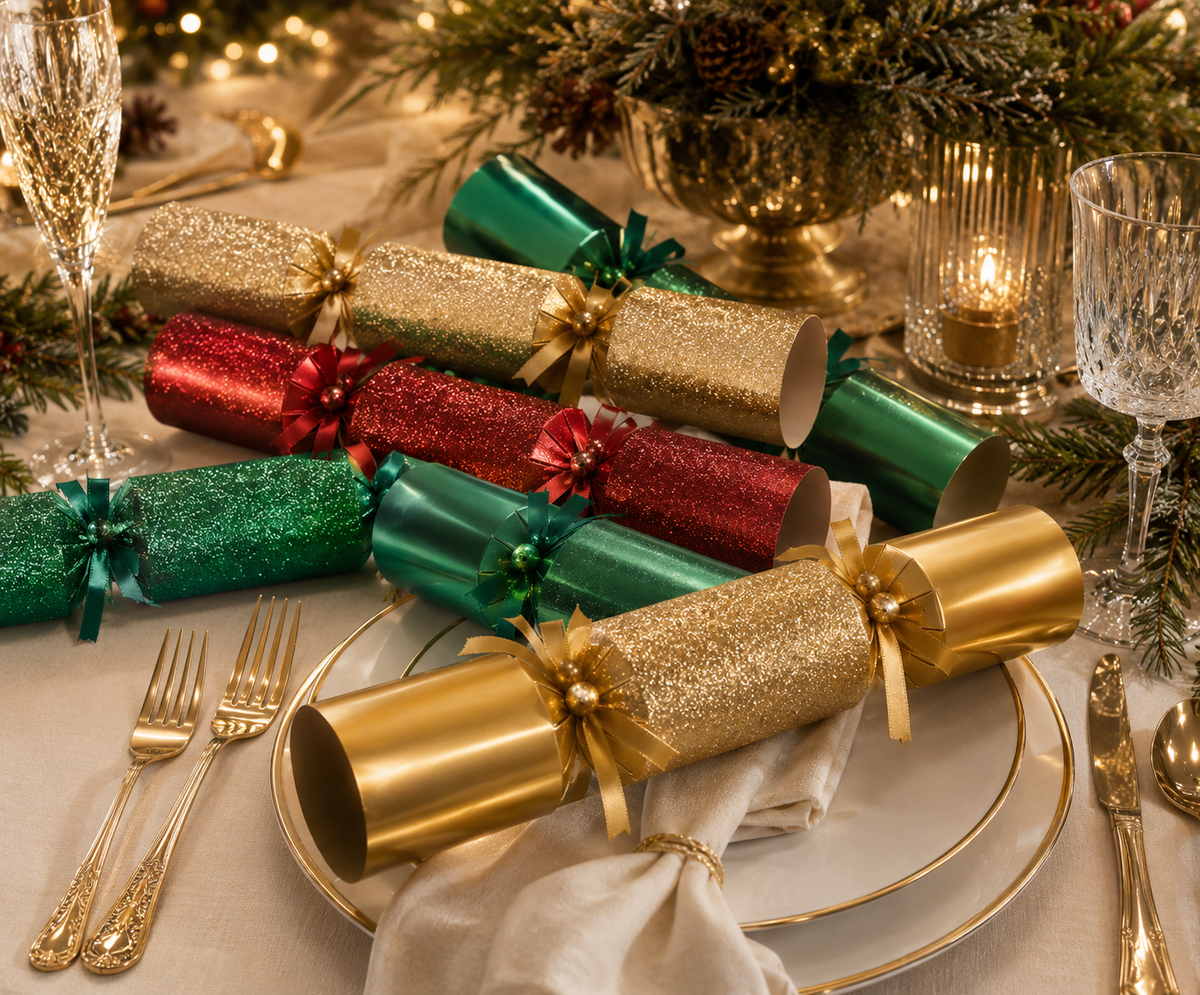 Gold, red and green glitter Christmas crackers styled on a festive table with crystal champagne flutes, candlelight and a pine centrepiece
