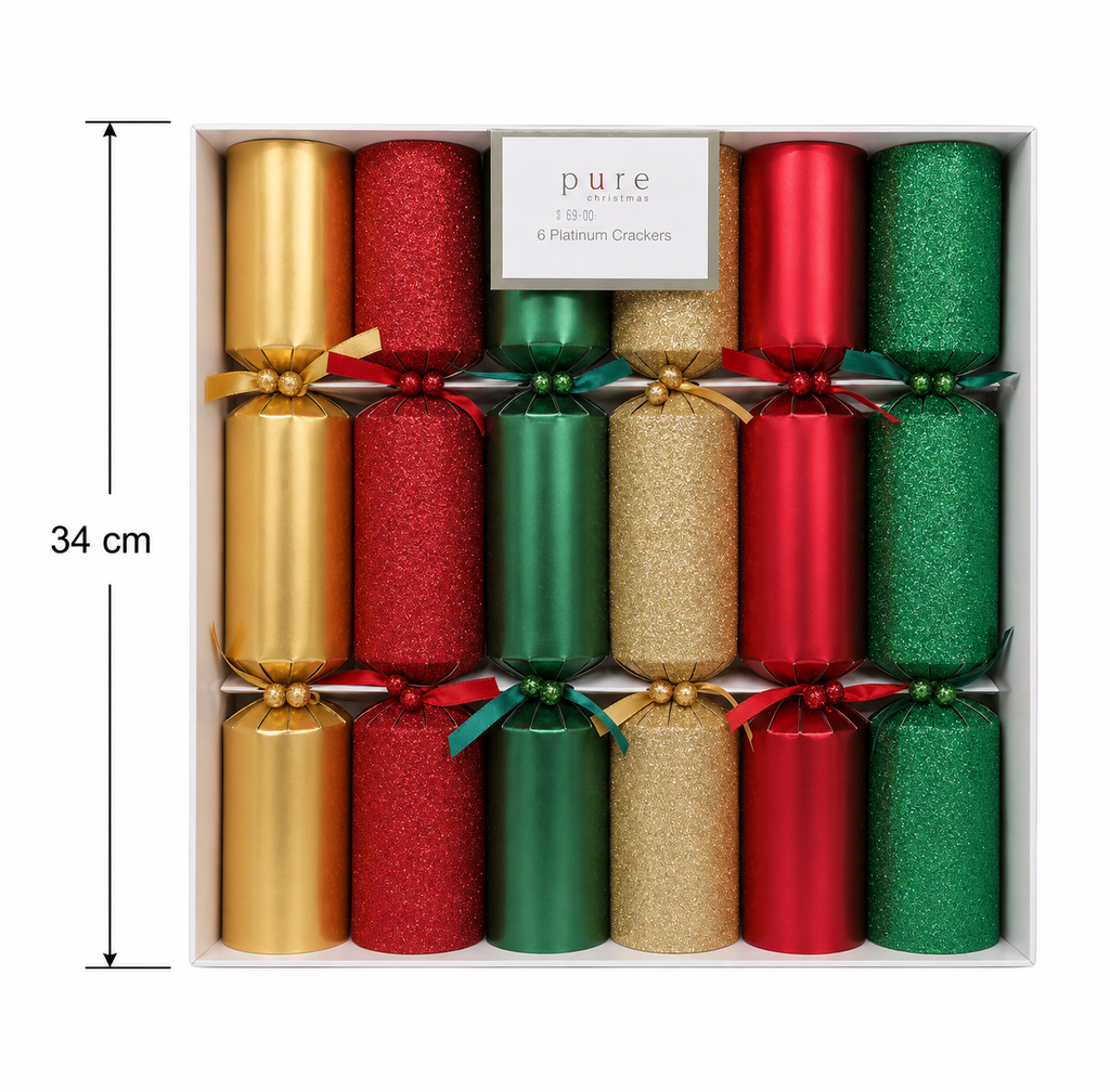 Box of 6 premium platinum Christmas crackers in gold, red and green, shown from above with dimensions labelled 34cm