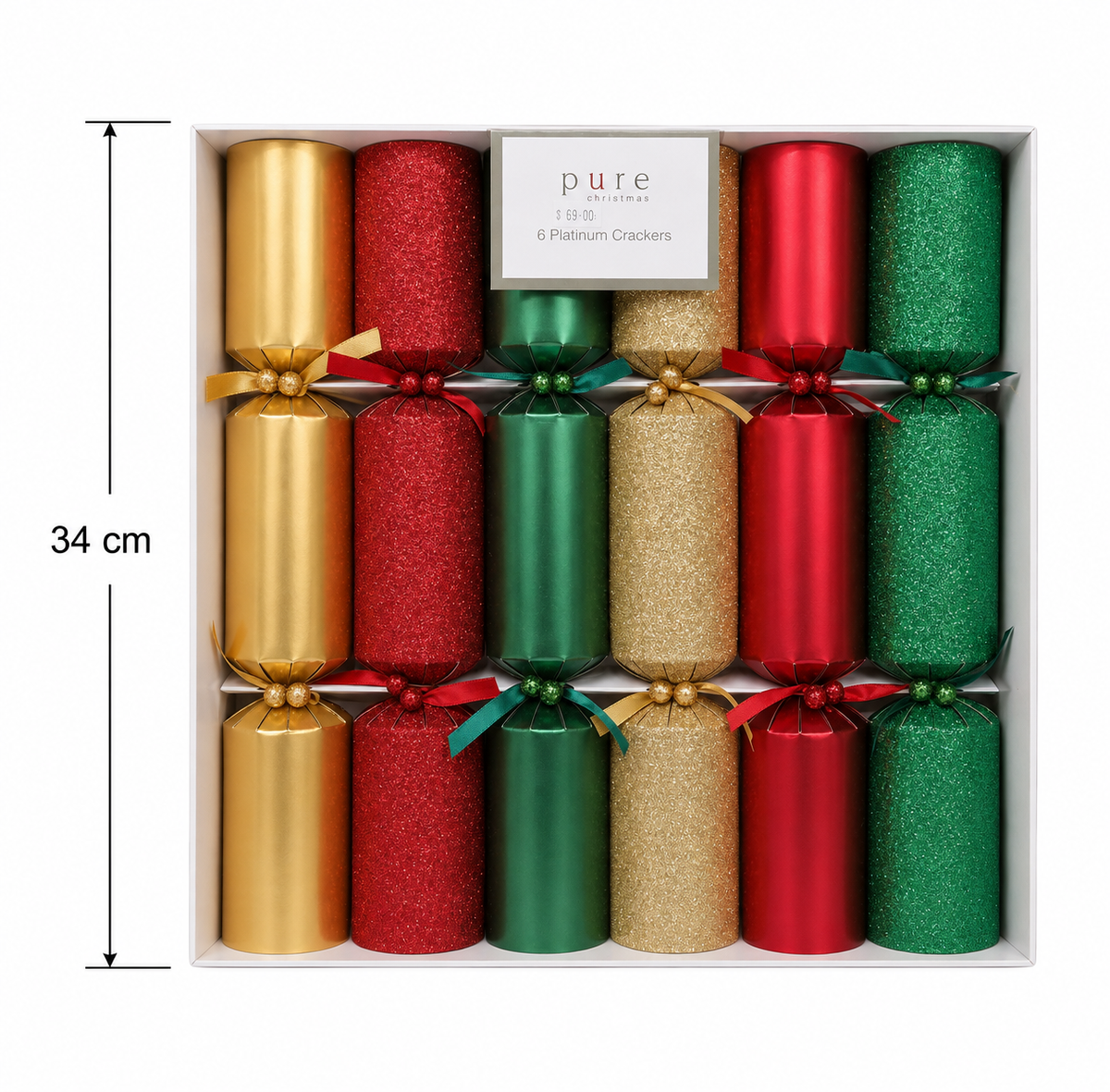 Box of 6 premium platinum Christmas crackers in gold, red and green, shown from above with dimensions labelled 34cm