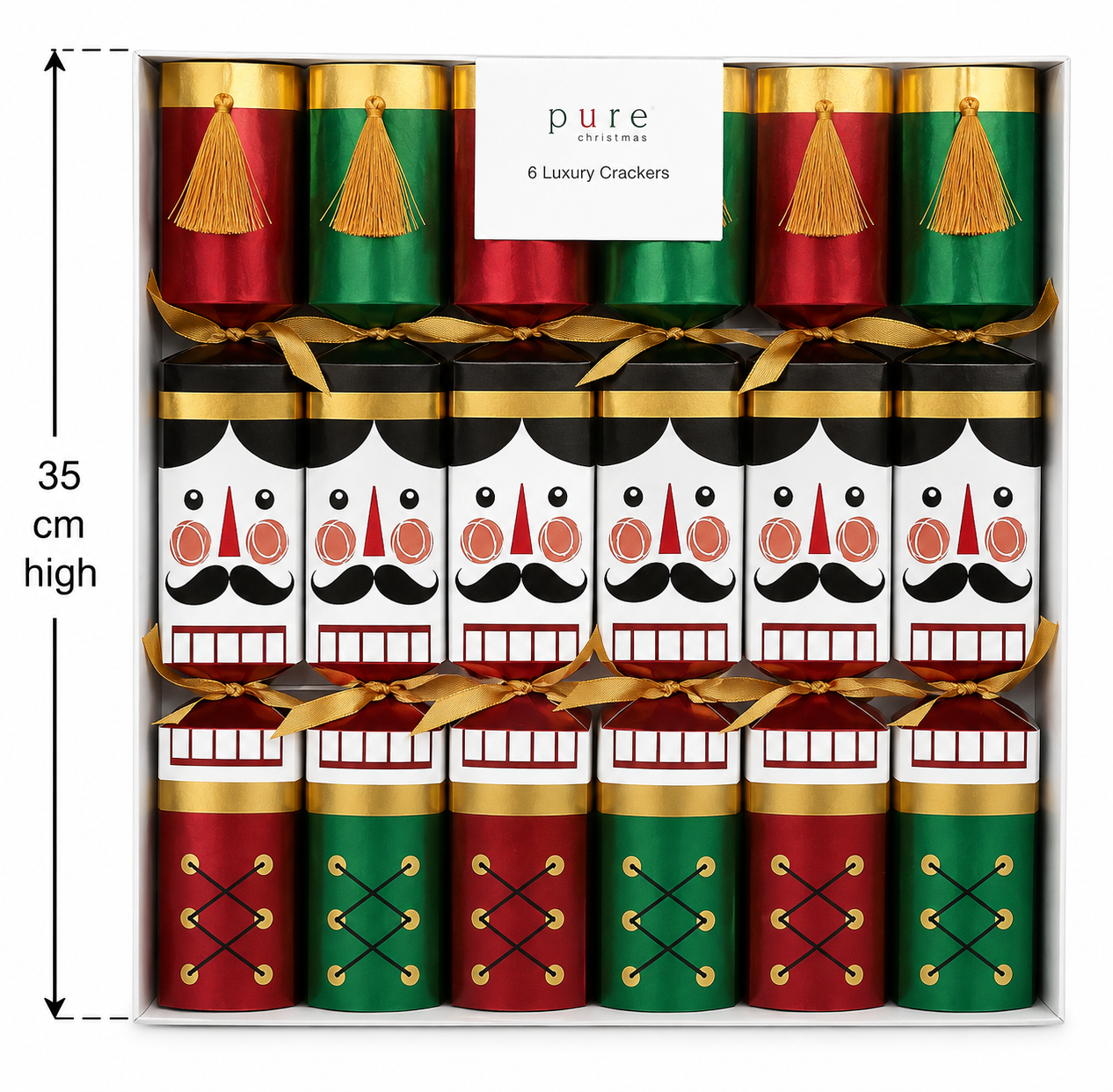 Box of 6 luxury nutcracker Christmas crackers in red and green, shown from above with dimensions labelled 35cm high