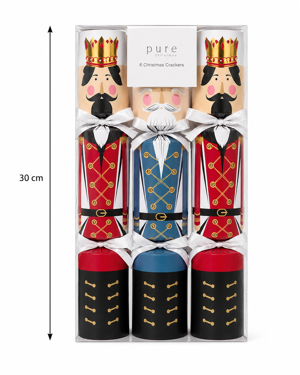 Pack of 6 nutcracker king Christmas crackers in red and navy with gold crown and black boot detail, shown from above with dimensions labelled 30cm high