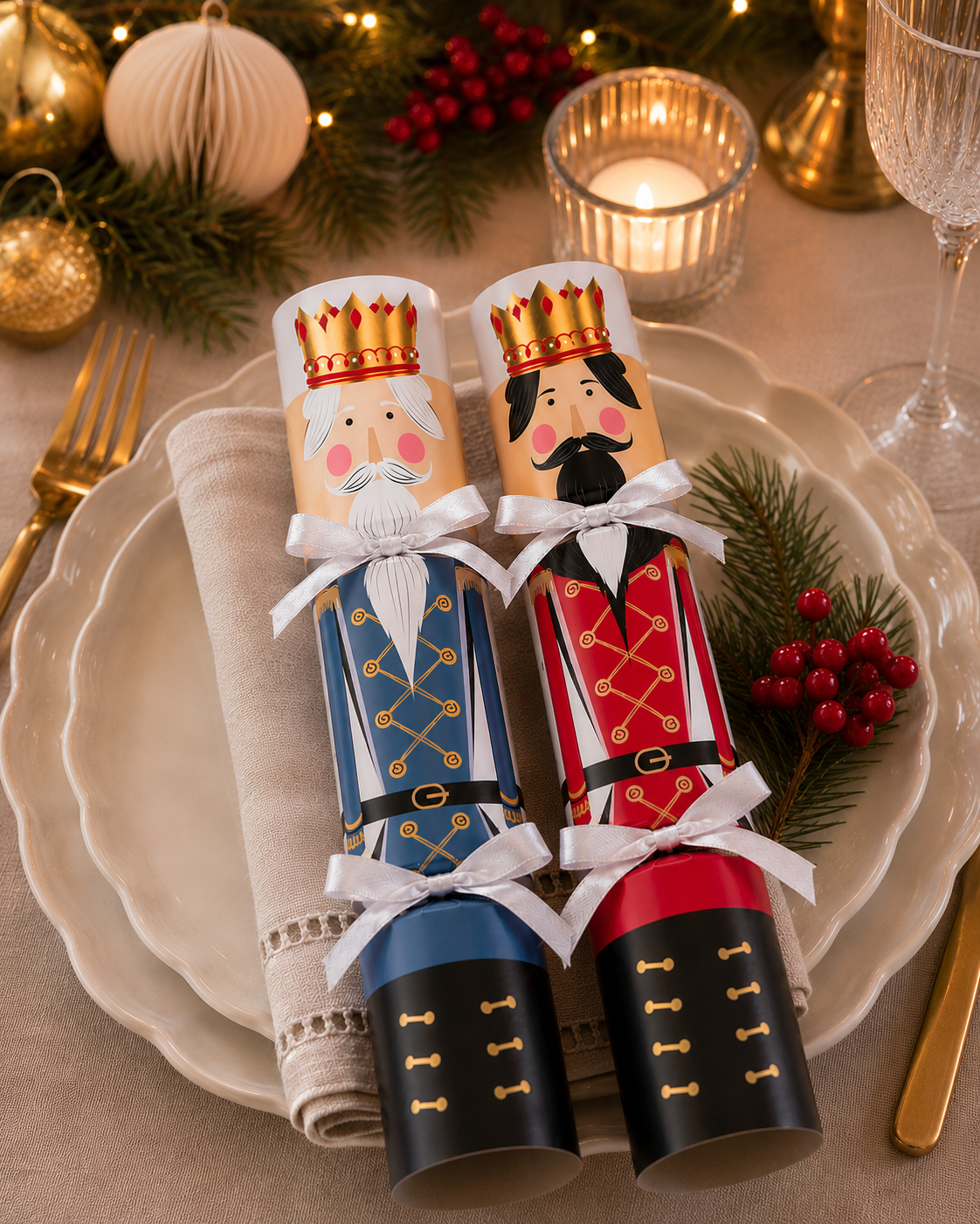 Red and navy nutcracker king Christmas crackers with gold crowns and white satin bows, styled on a plate with linen napkin, candlelight and holly at a Christmas table setting
