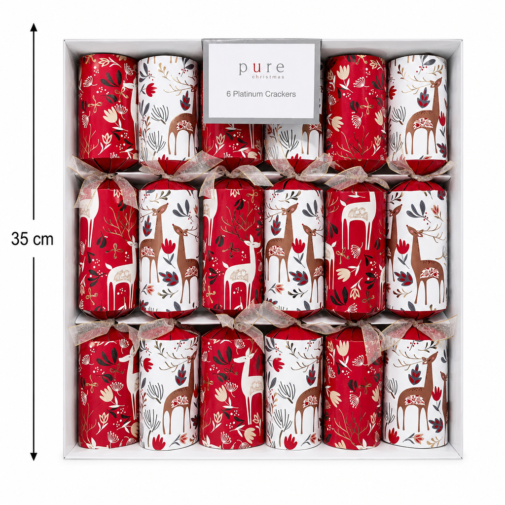 Box of 6 red and white folk deer Christmas crackers with gold organza bows, shown from above with dimensions labelled 35cm