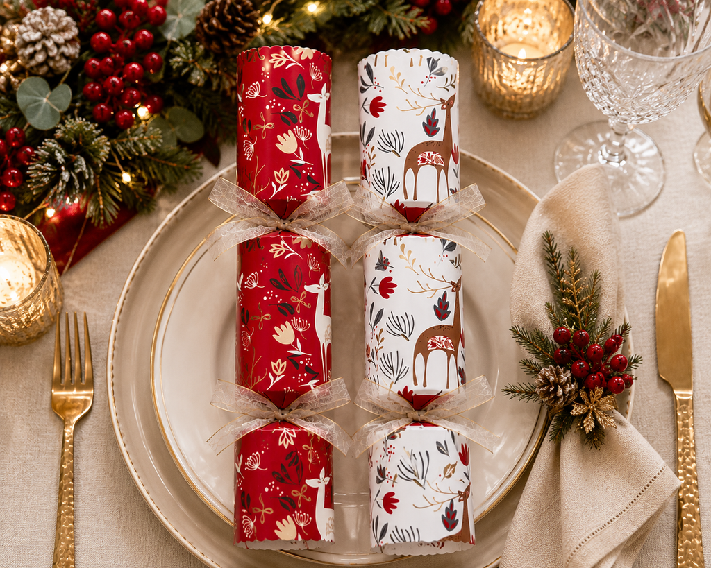 Red and white folk deer Christmas crackers with sheer gold bows, styled on a gold rimmed plate with linen napkin, candlelight and pine at a Christmas table setting