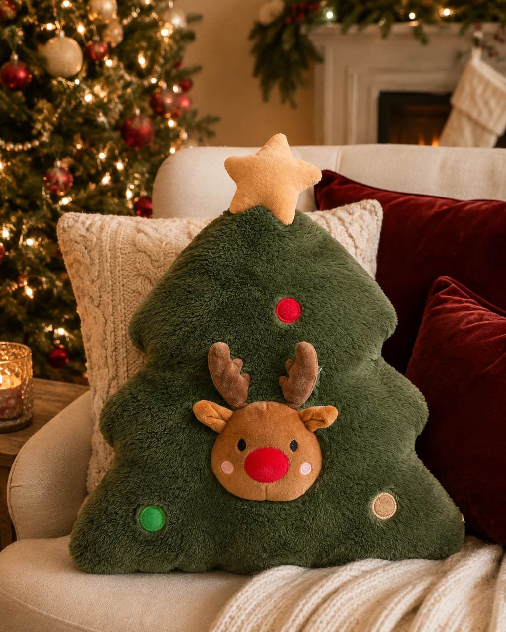 Green plush Christmas tree shaped cushion with reindeer face and star topper, styled on an armchair with a Christmas tree, fireplace and cream throw