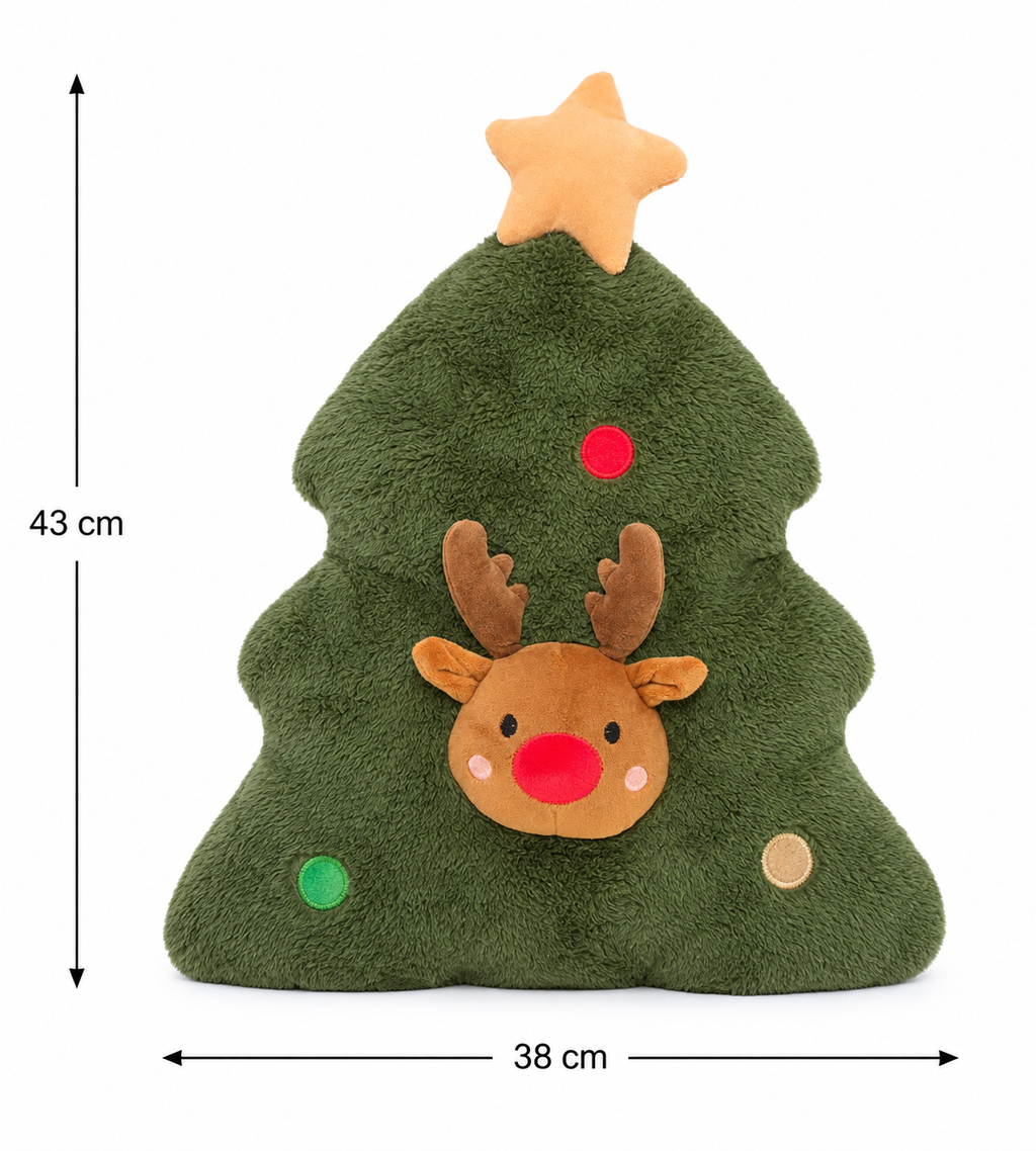 Green plush Christmas tree reindeer cushion shown from the front with dimensions labelled 43cm high by 38cm wide