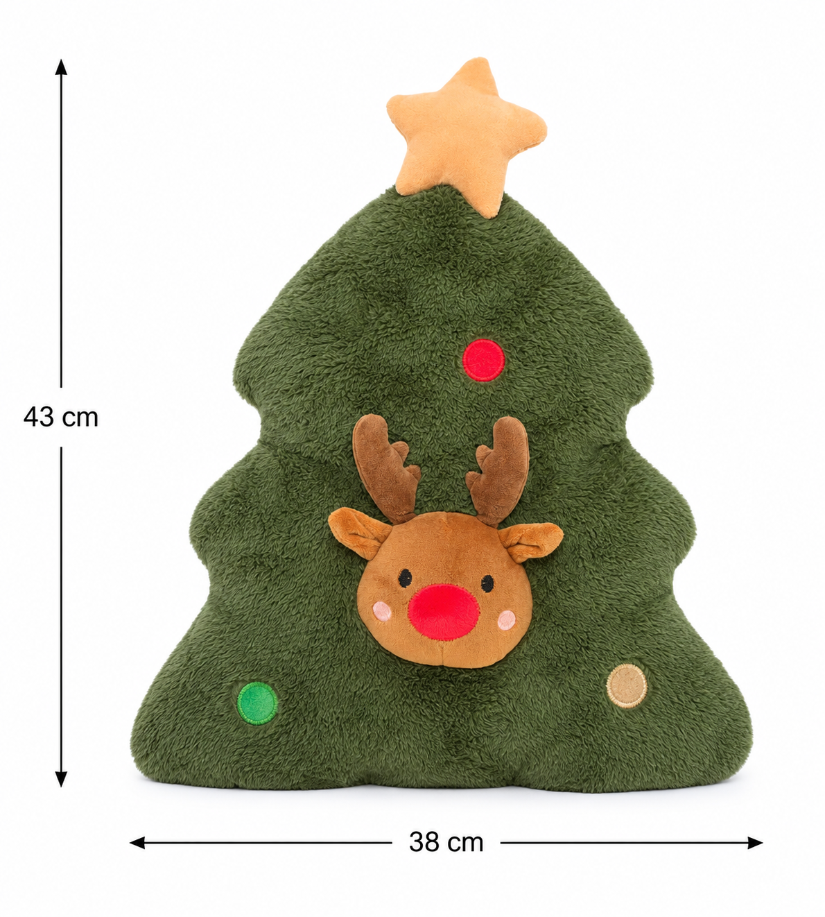 Green plush Christmas tree reindeer cushion shown from the front with dimensions labelled 43cm high by 38cm wide