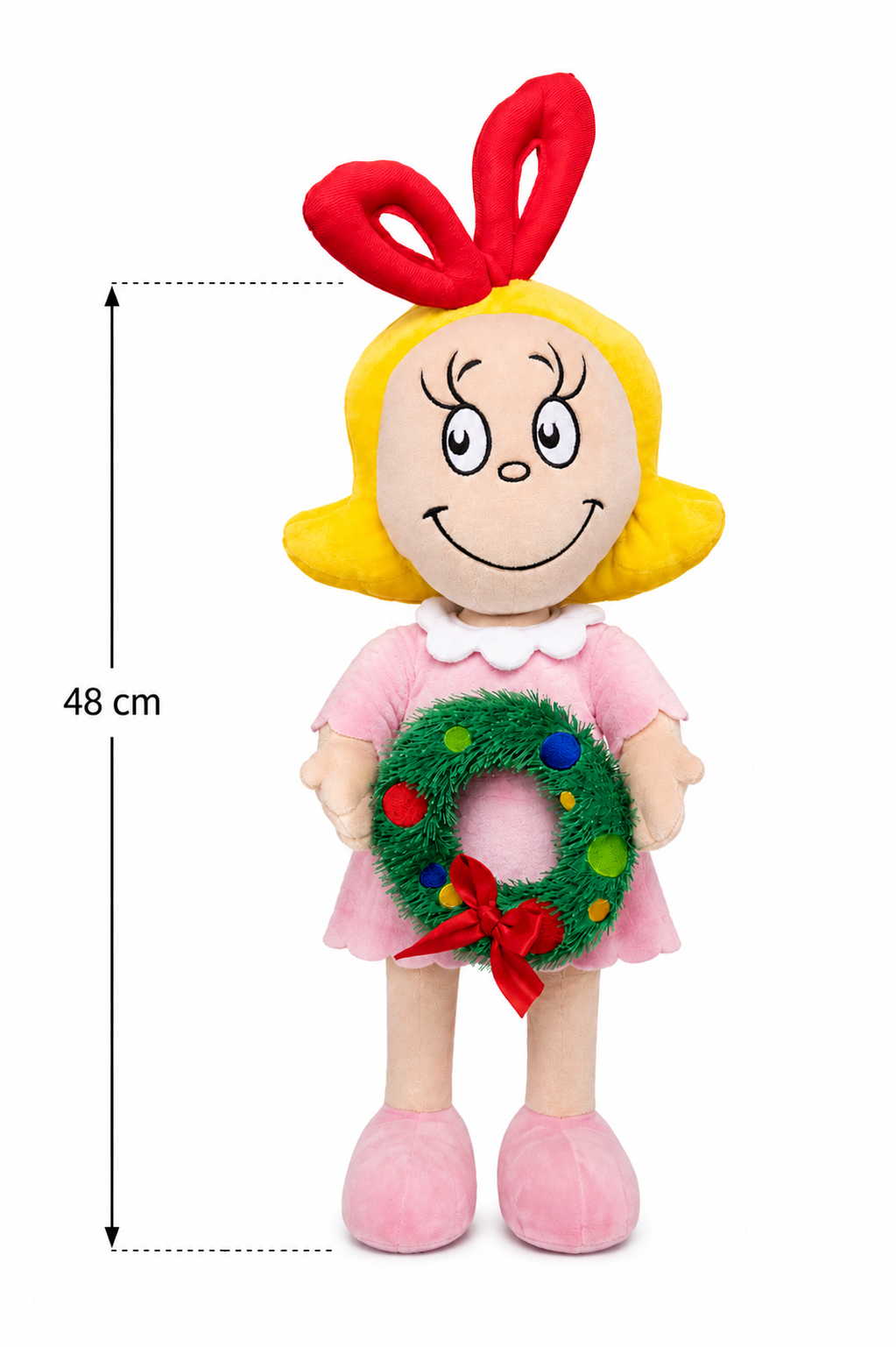 Cindy Lou Who plush doll shown from the front holding a wreath, with height labelled 48cm