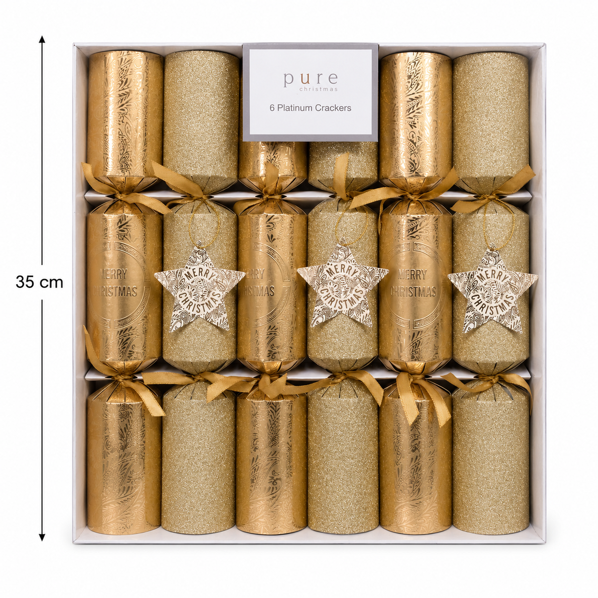 Box of 6 platinum gold Christmas crackers with embossed Merry Christmas medallion and star gift tags, shown from above with dimensions labelled 35cm