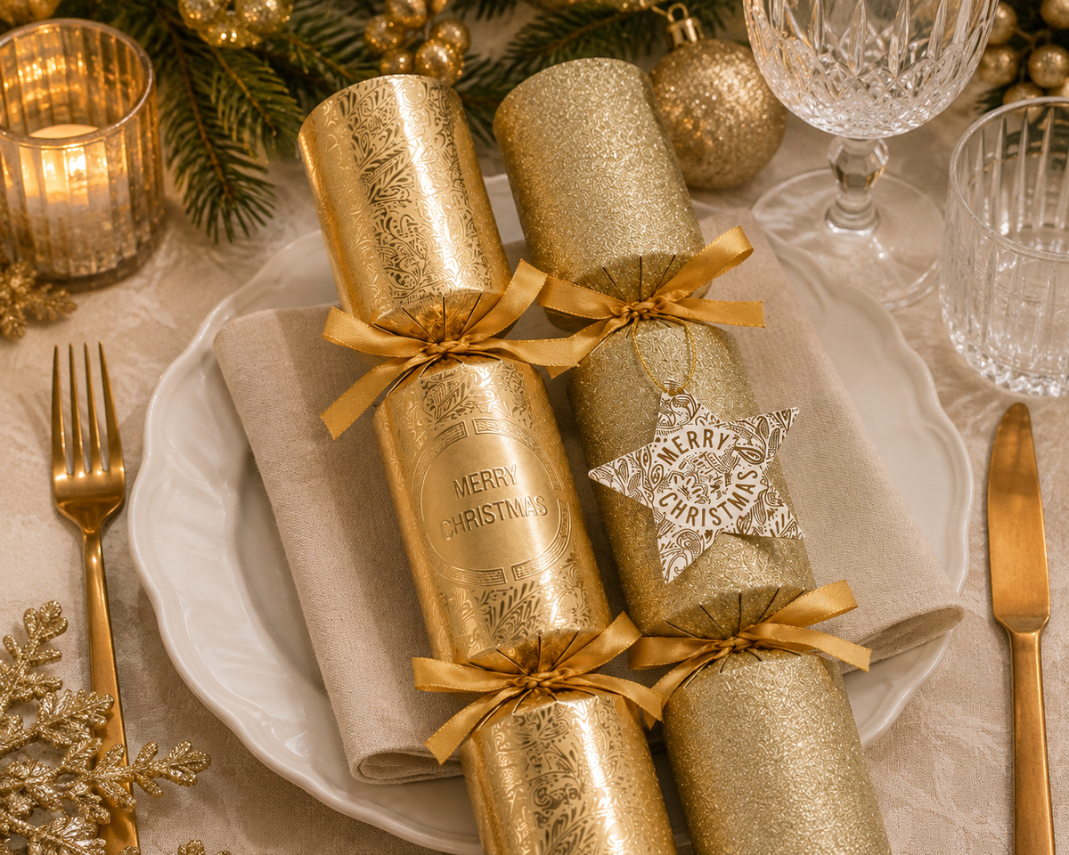 Gold embossed and glitter Christmas crackers with gold satin bows and a star shaped Merry Christmas gift tag, styled on a plate with linen napkin, candlelight and gold ornaments at a Christmas table setting
