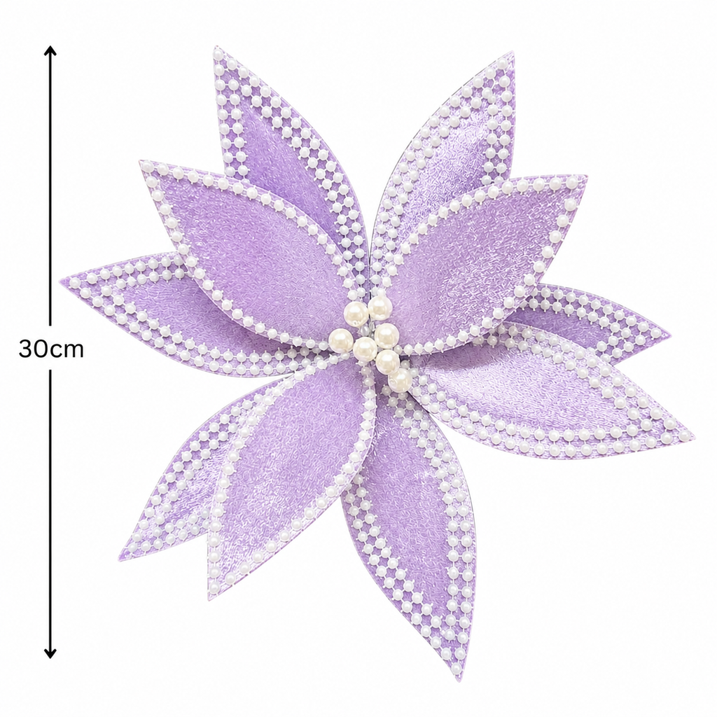 Purple poinsettia pick on a white background showing pearl-beaded petal edges and a 30cm bloom width with dimension marker