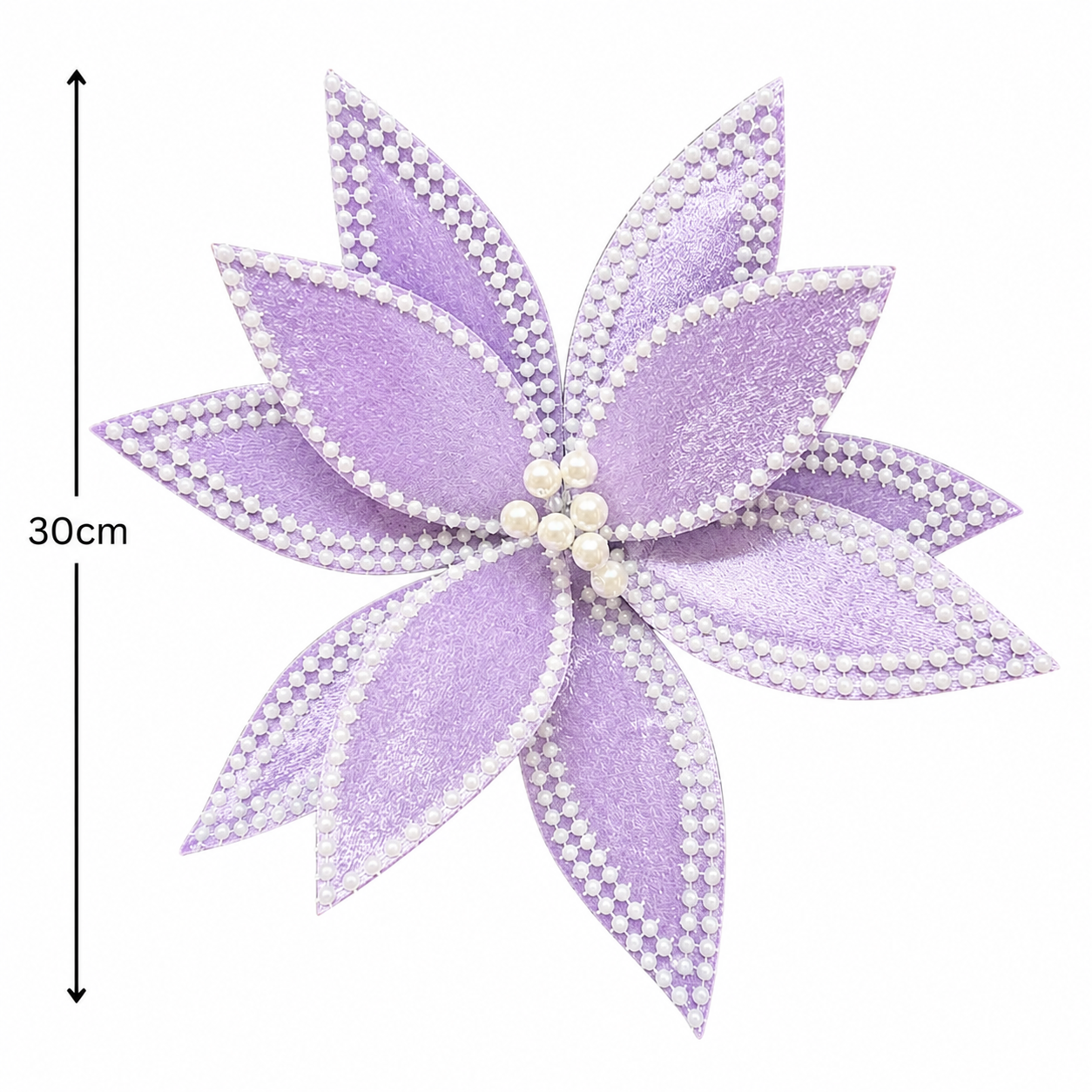 Purple poinsettia pick on a white background showing pearl-beaded petal edges and a 30cm bloom width with dimension marker