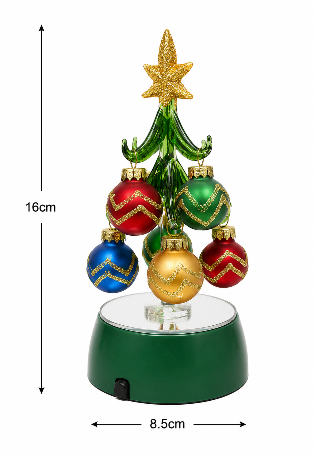 Light-up glass Christmas tree with mini baubles on white background showing full front view with dimensions labelled 16cm high and 8.5cm wide