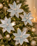 Ice blue poinsettia picks with pearl beading clipped onto a Christmas tree among silver baubles and warm fairy lights