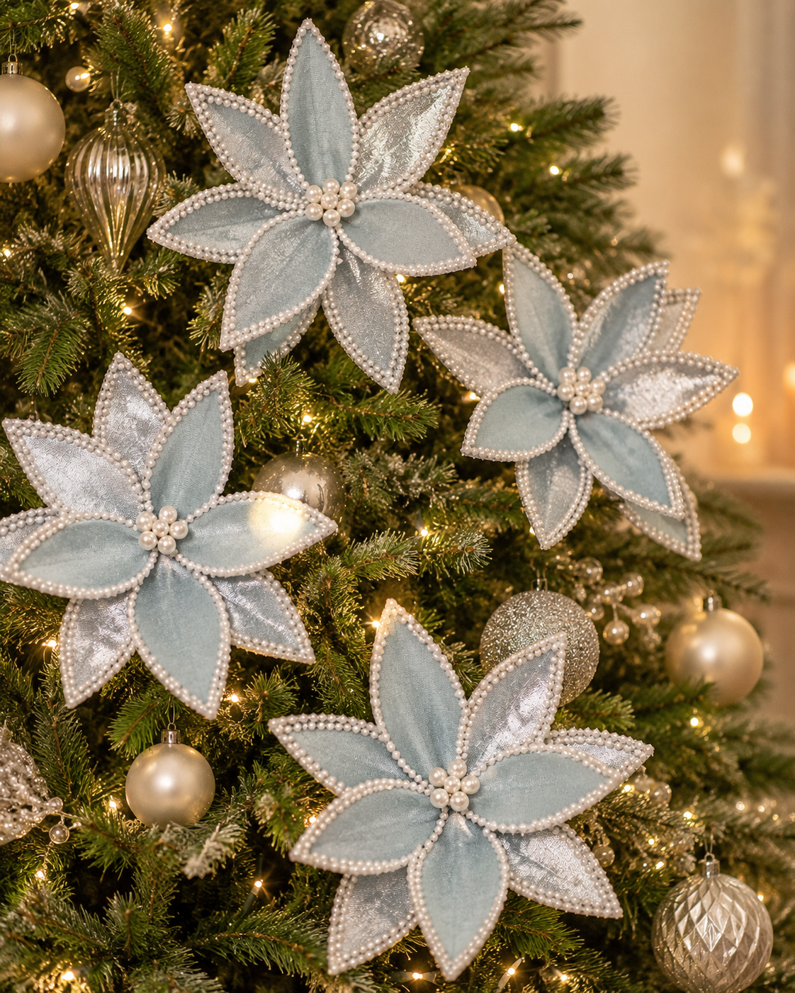 Ice blue poinsettia picks with pearl beading clipped onto a Christmas tree among silver baubles and warm fairy lights