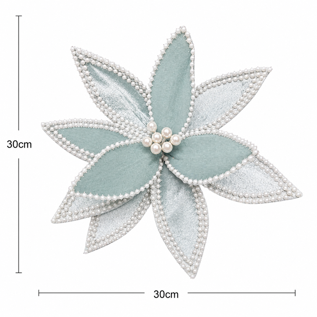 Ice blue poinsettia pick on white background showing full flower detail with dimensions labelled 30cm high and 30cm wide