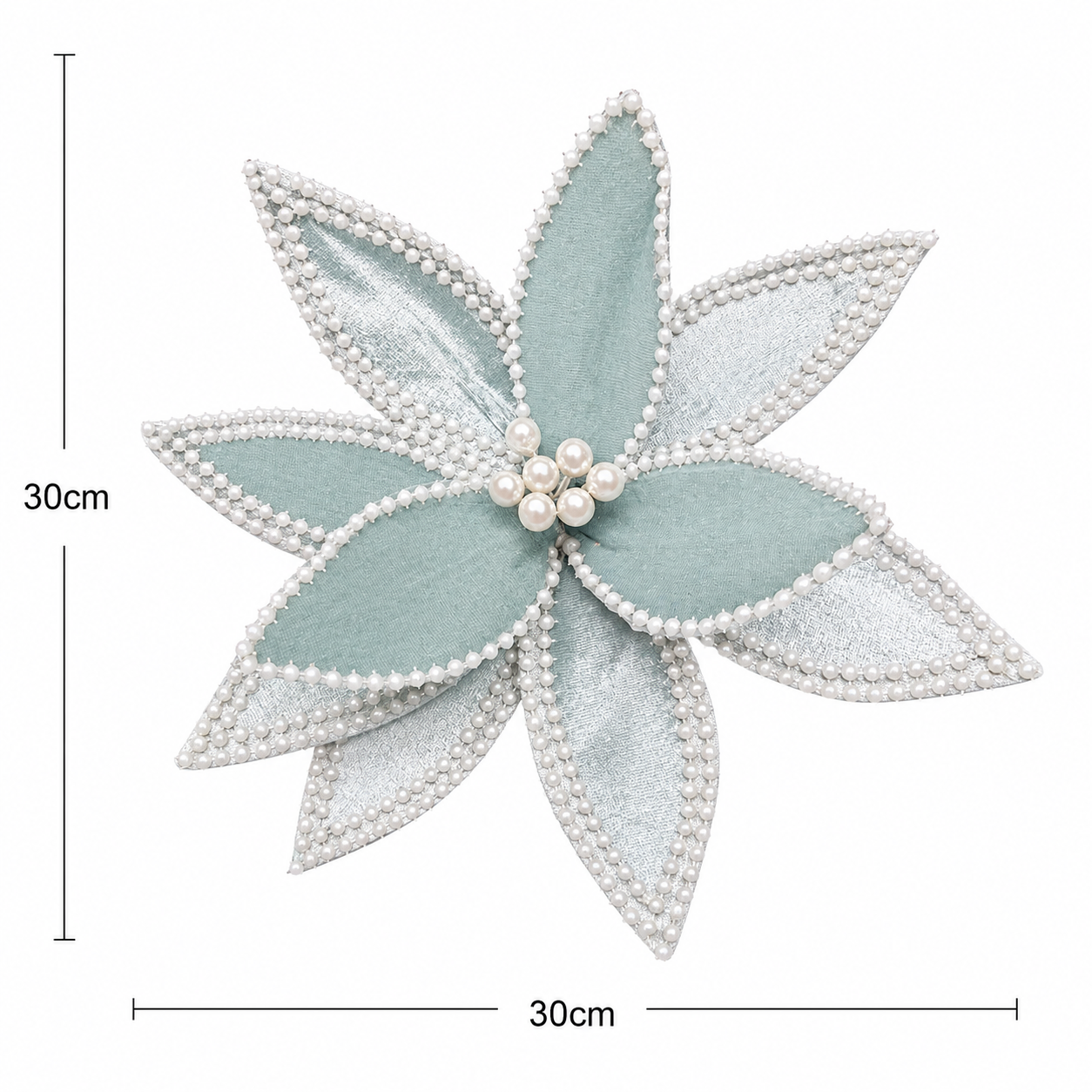 Ice blue poinsettia pick on white background showing full flower detail with dimensions labelled 30cm high and 30cm wide