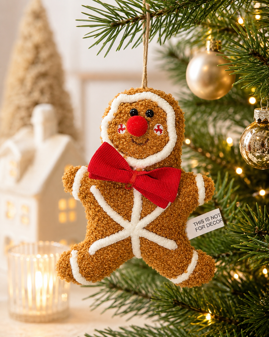 Gingerbread man plush ornament hanging on a Christmas tree branch, with red bow tie and white icing detail, surrounded by gold baubles and warm fairy lights