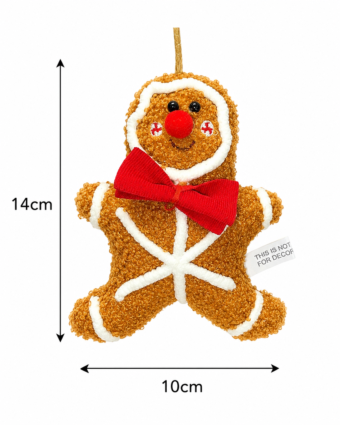 Gingerbread man plush ornament on white background showing full front view with dimensions labelled 14cm height and 10cm width