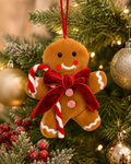 Candy cane gingerbread man plush ornament hanging on a Christmas tree, wearing a red velvet bow and holding a striped candy cane, surrounded by gold baubles and frosted berries