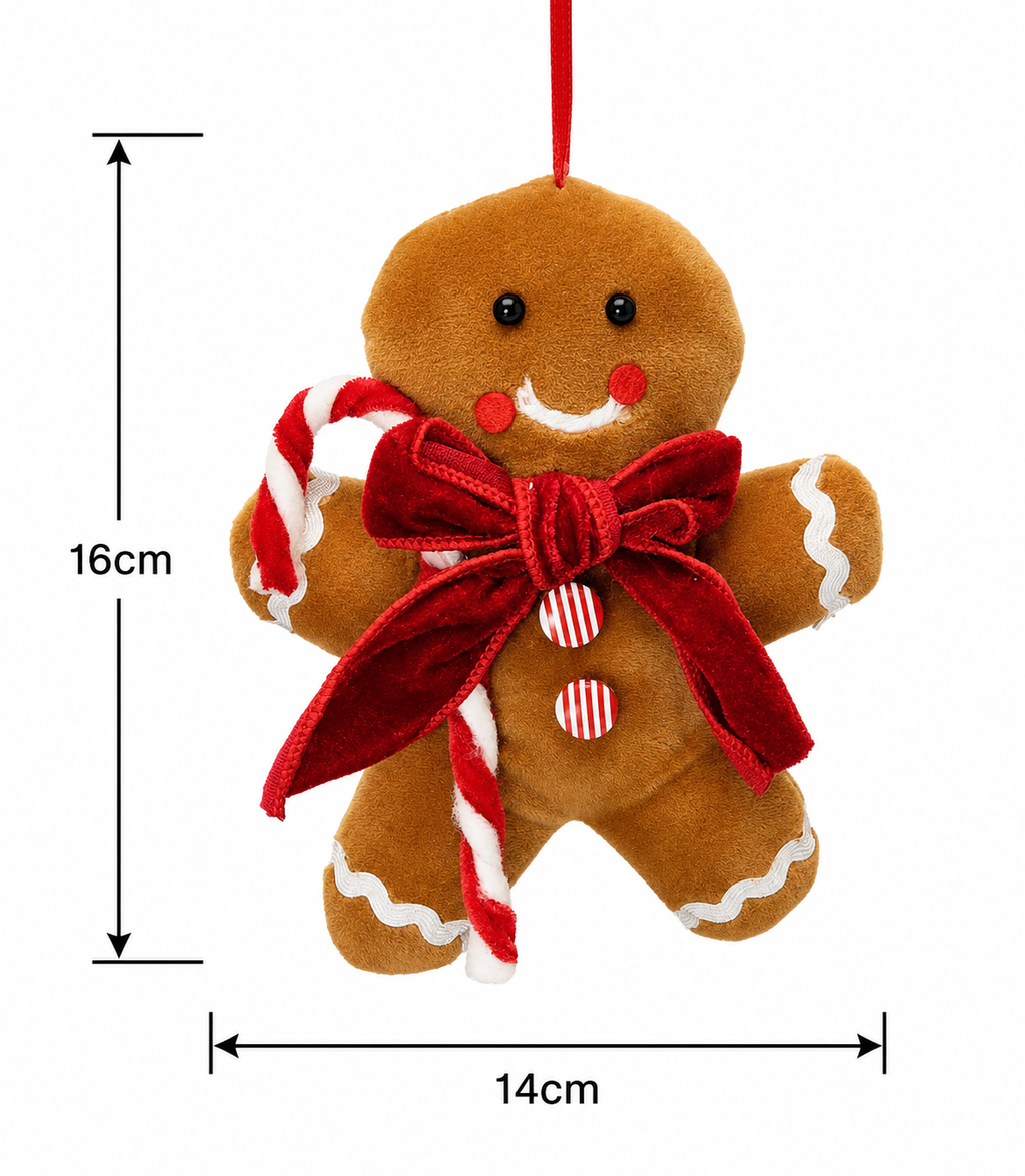 Candy cane gingerbread man plush ornament on white background showing full front view with dimensions labelled 16cm height and 14cm width