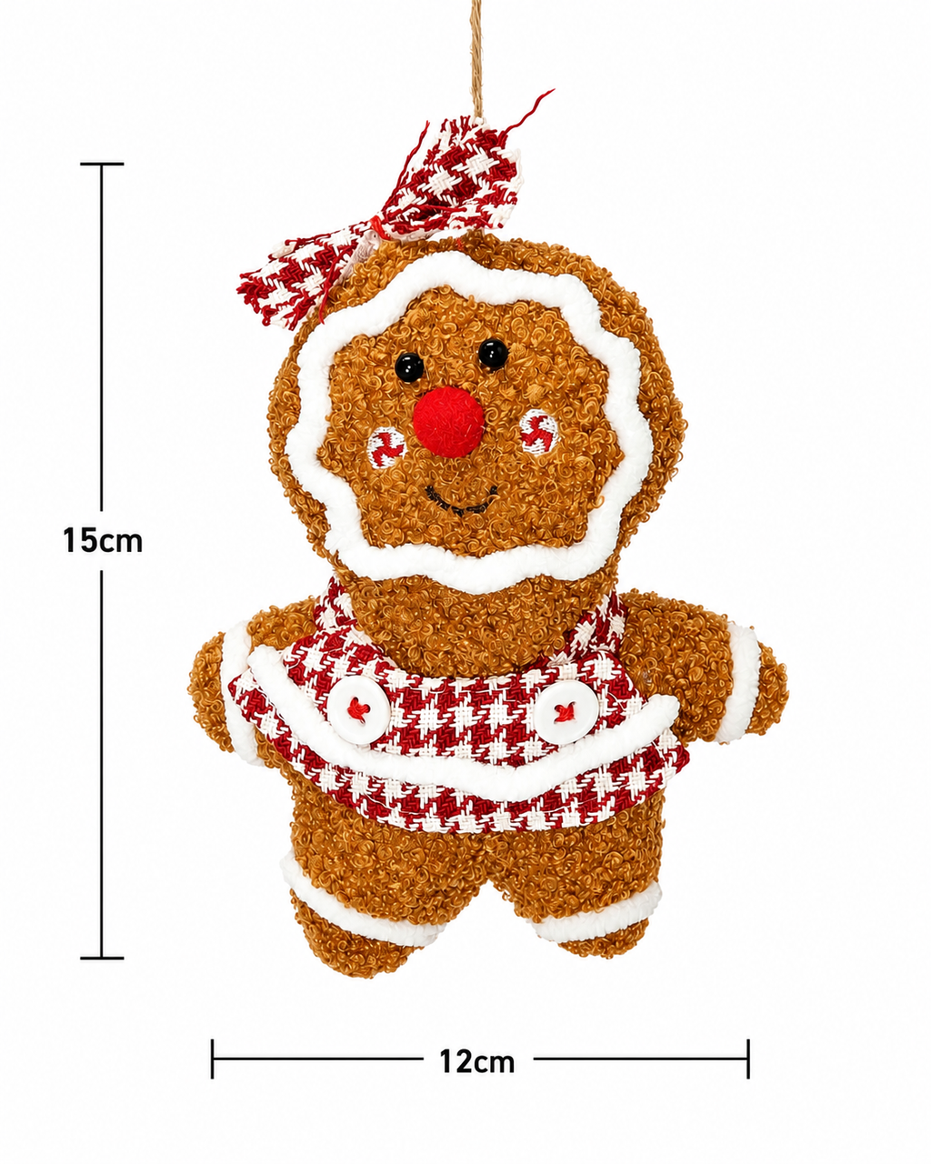Gingerbread girl plush ornament on white background showing full front view with dimensions labelled 15cm height and 12cm width