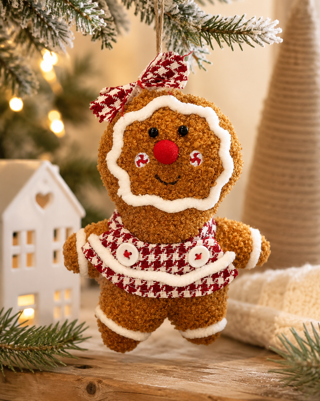 Gingerbread girl plush ornament hanging on a frosted Christmas tree branch, wearing a houndstooth bow and skirt, beside a white ceramic house and cream throw
