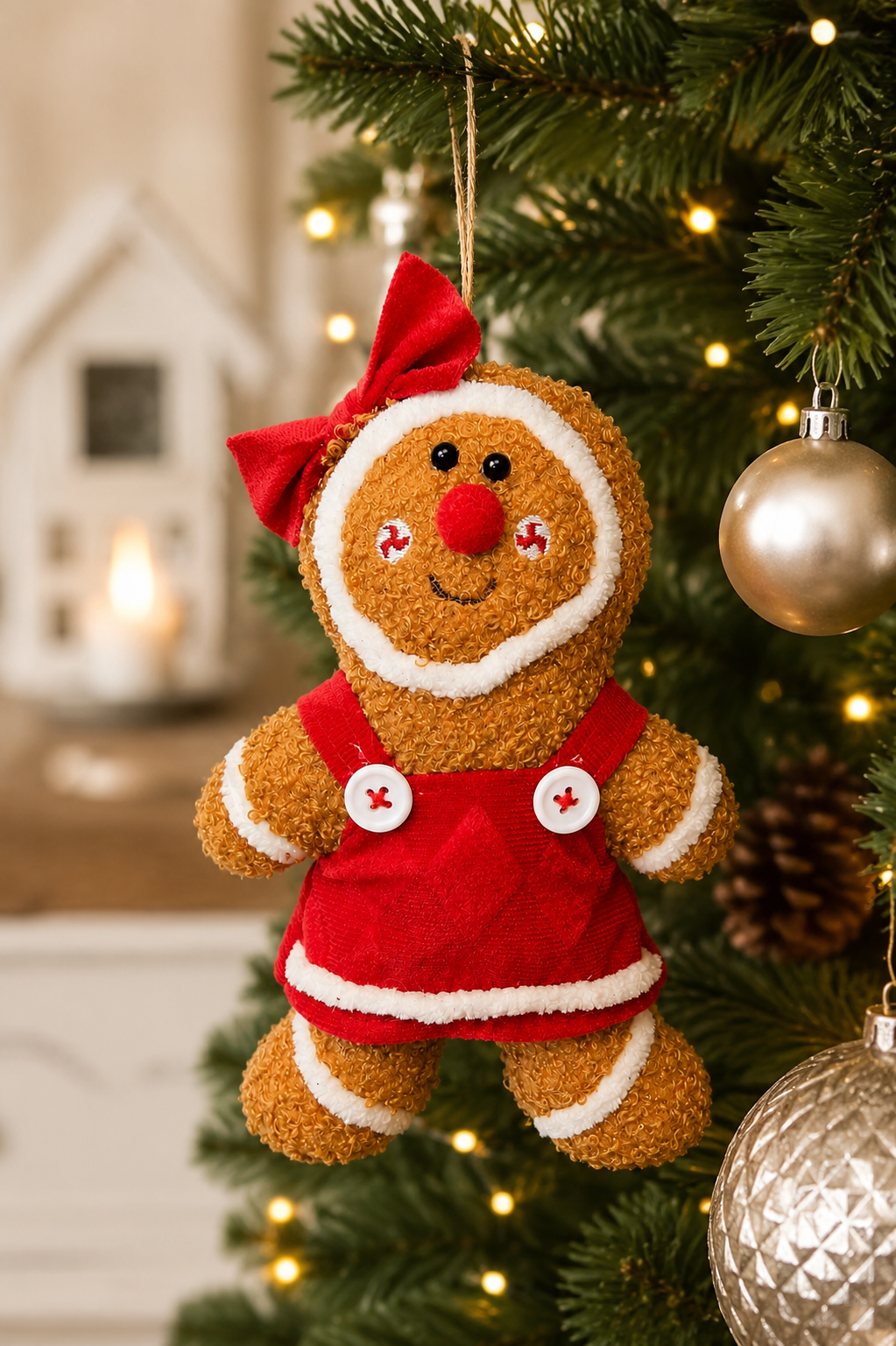 Gingerbread girl plush ornament in red velvet dress and bow hanging on a Christmas tree, beside gold baubles, a pinecone and a white lantern