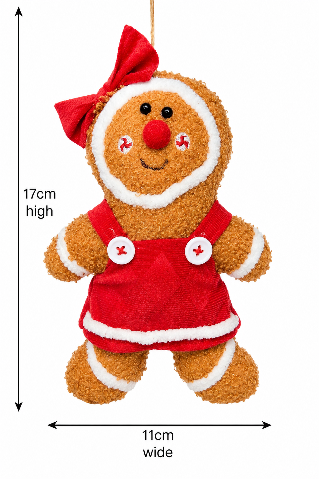 Gingerbread girl plush ornament on white background showing full front view with dimensions labelled 17cm high and 11cm wide