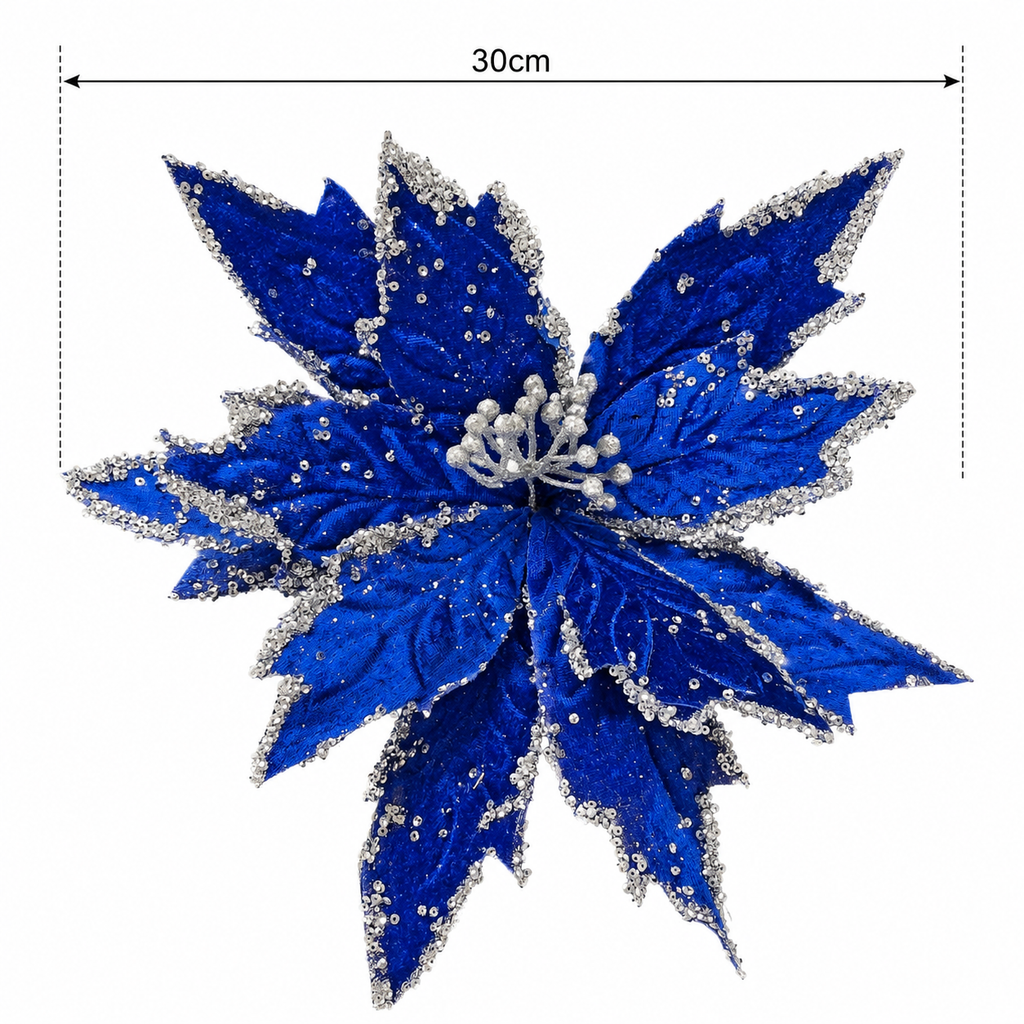 Dark blue poinsettia pick on white background showing full flower detail with bloom width labelled 30cm