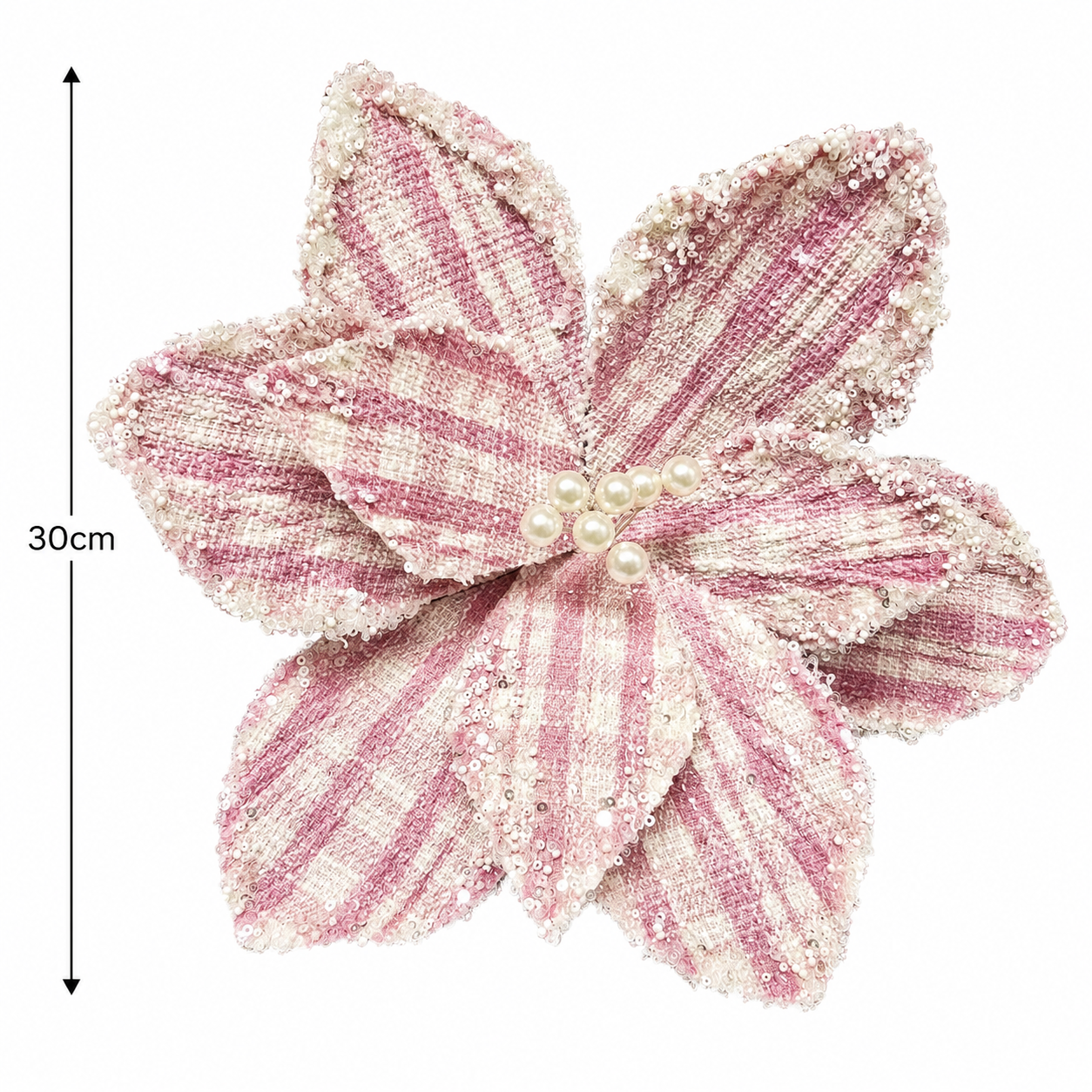 Lilac Chequer Poinsettia stem on white background showing full 40cm length with 30cm flower head, pink and cream chequered petals with pearl centre