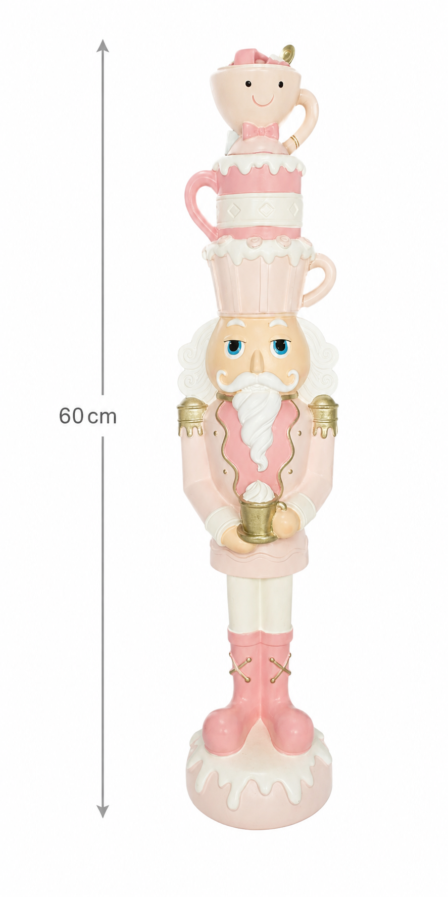Pink Nutcracker Tea Cup on white background showing full 60cm height, stacked teacup and cake-stand hat detail with gold spoon