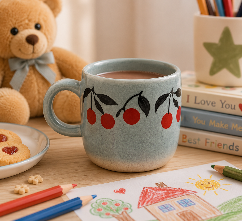 Millie Cup Blue ceramic mug filled with hot chocolate on a kid's desk, surrounded by a teddy bear, jam biscuits, storybooks, and a crayon drawing